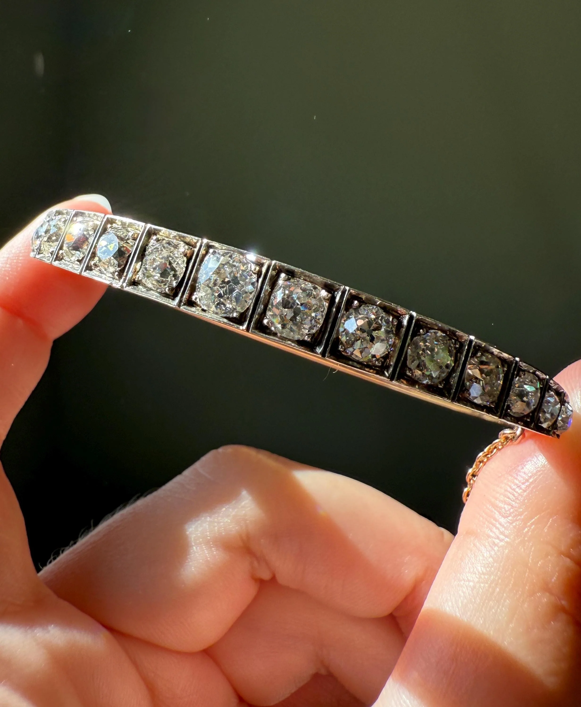 Antique 6.5 CARAT Old Mine Cut DIAMOND Hinged Bangle Line Bracelet 18k Gold Silver Top - Image 3