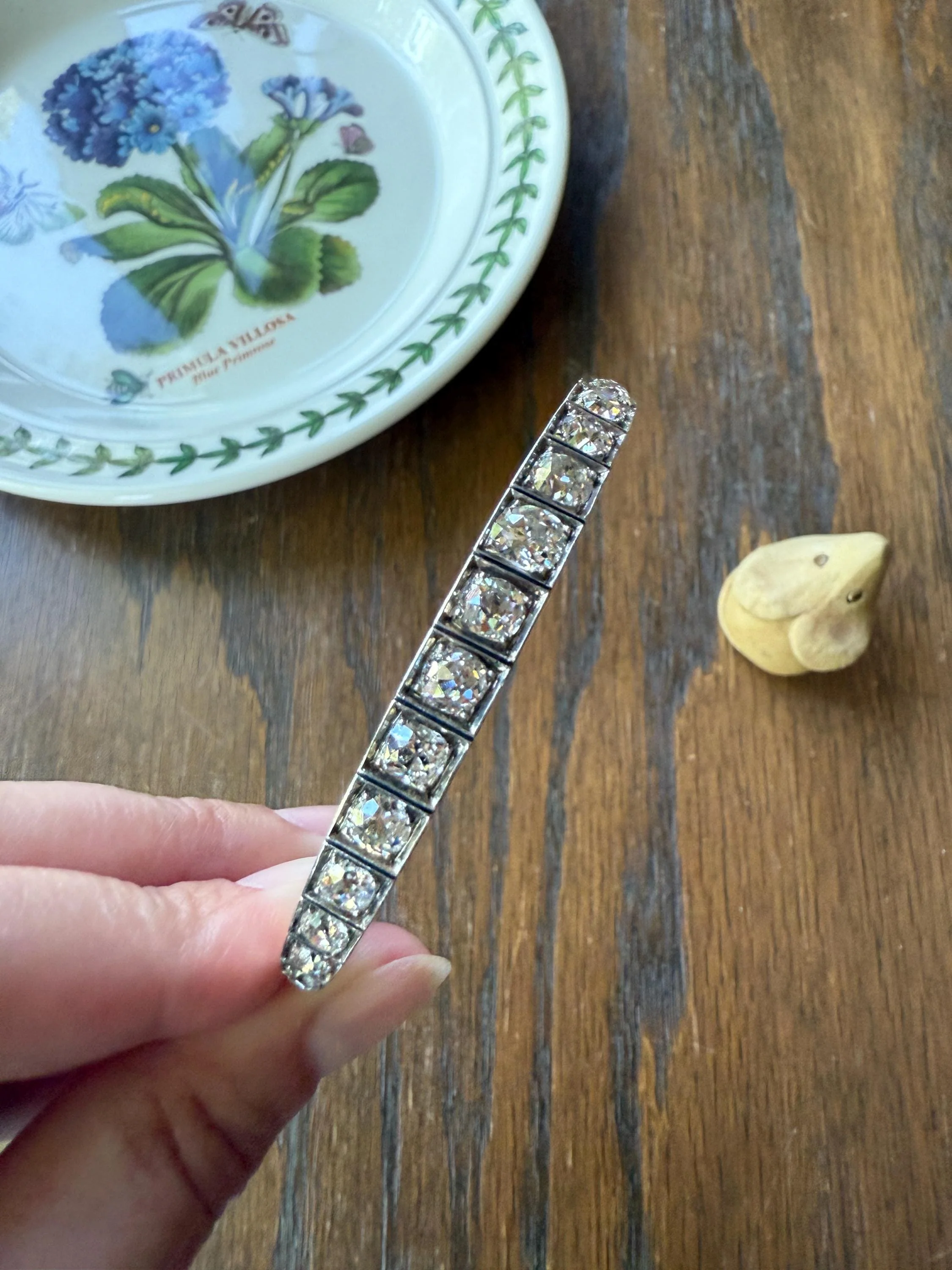 Antique 6.5 CARAT Old Mine Cut DIAMOND Hinged Bangle Line Bracelet 18k Gold Silver Top - Image 4
