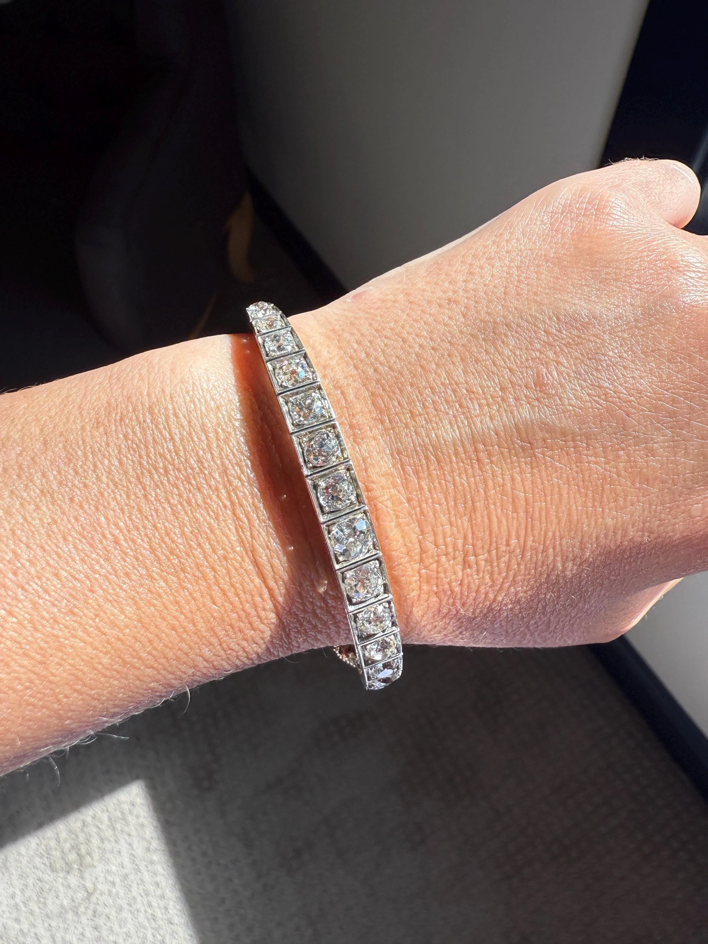 Antique 6.5 CARAT Old Mine Cut DIAMOND Hinged Bangle Line Bracelet 18k Gold Silver Top - Image 5