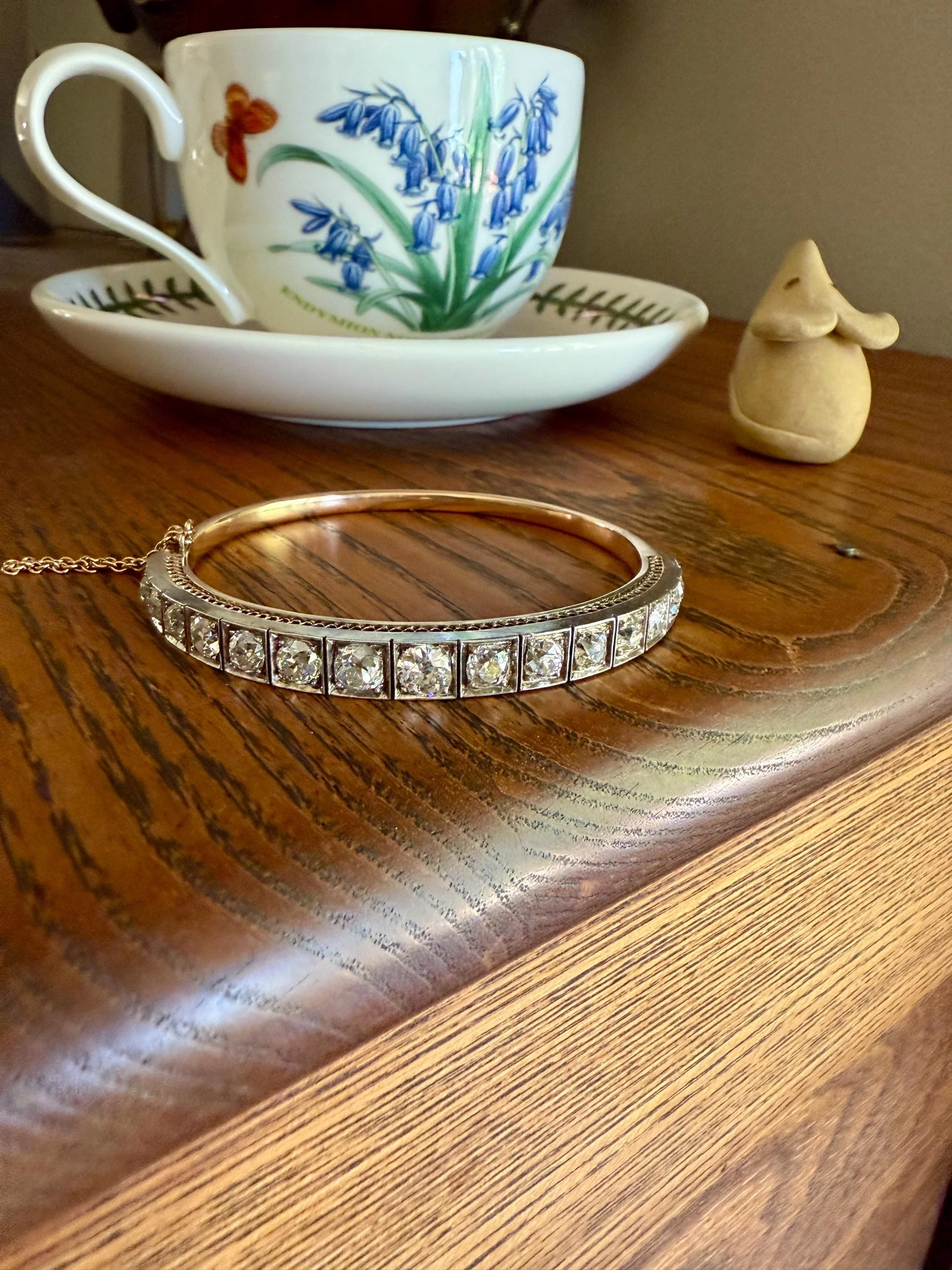 Antique 6.5 CARAT Old Mine Cut DIAMOND Hinged Bangle Line Bracelet 18k Gold Silver Top - Image 6