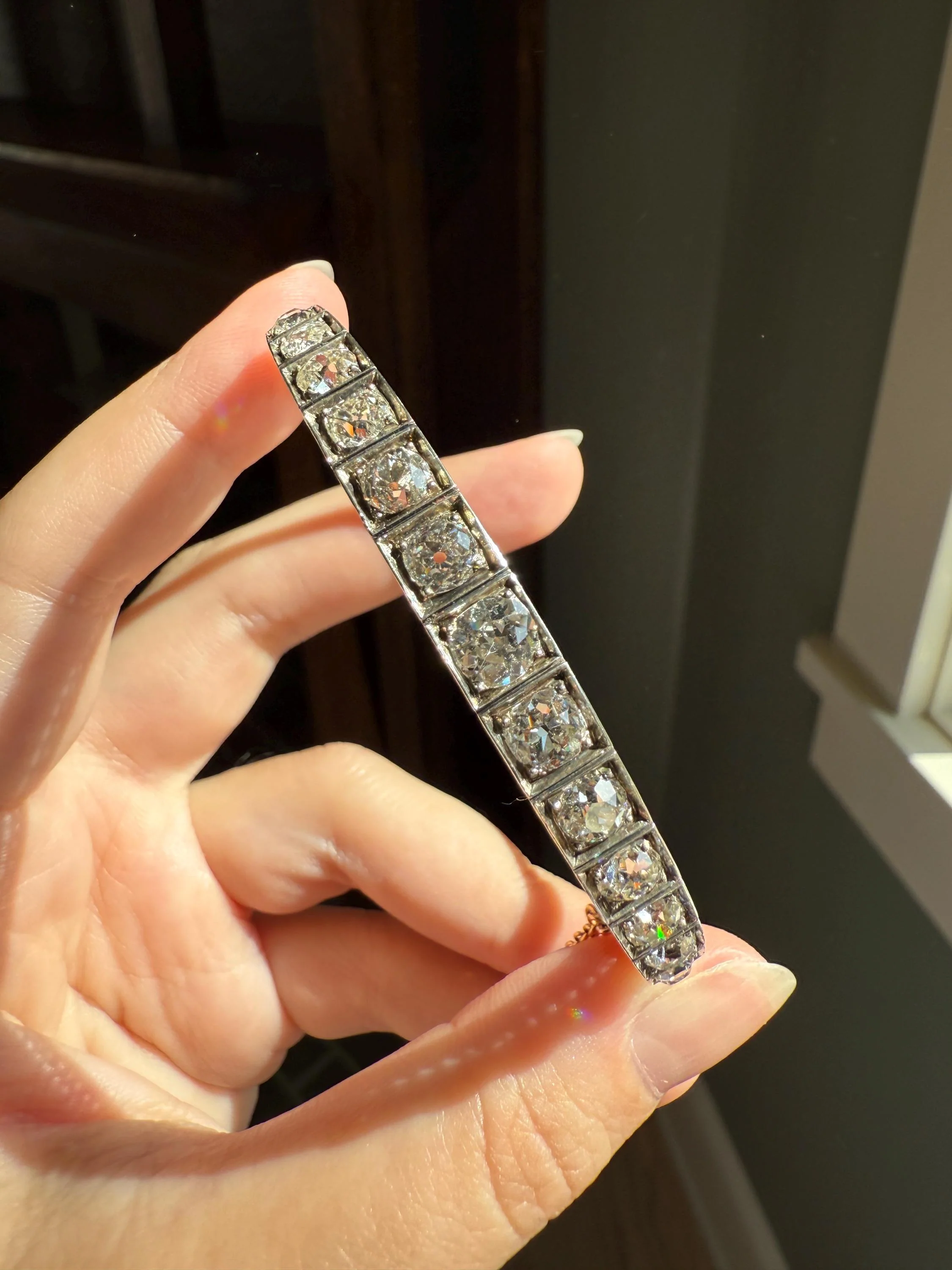 Antique 6.5 CARAT Old Mine Cut DIAMOND Hinged Bangle Line Bracelet 18k Gold Silver Top - Image 7