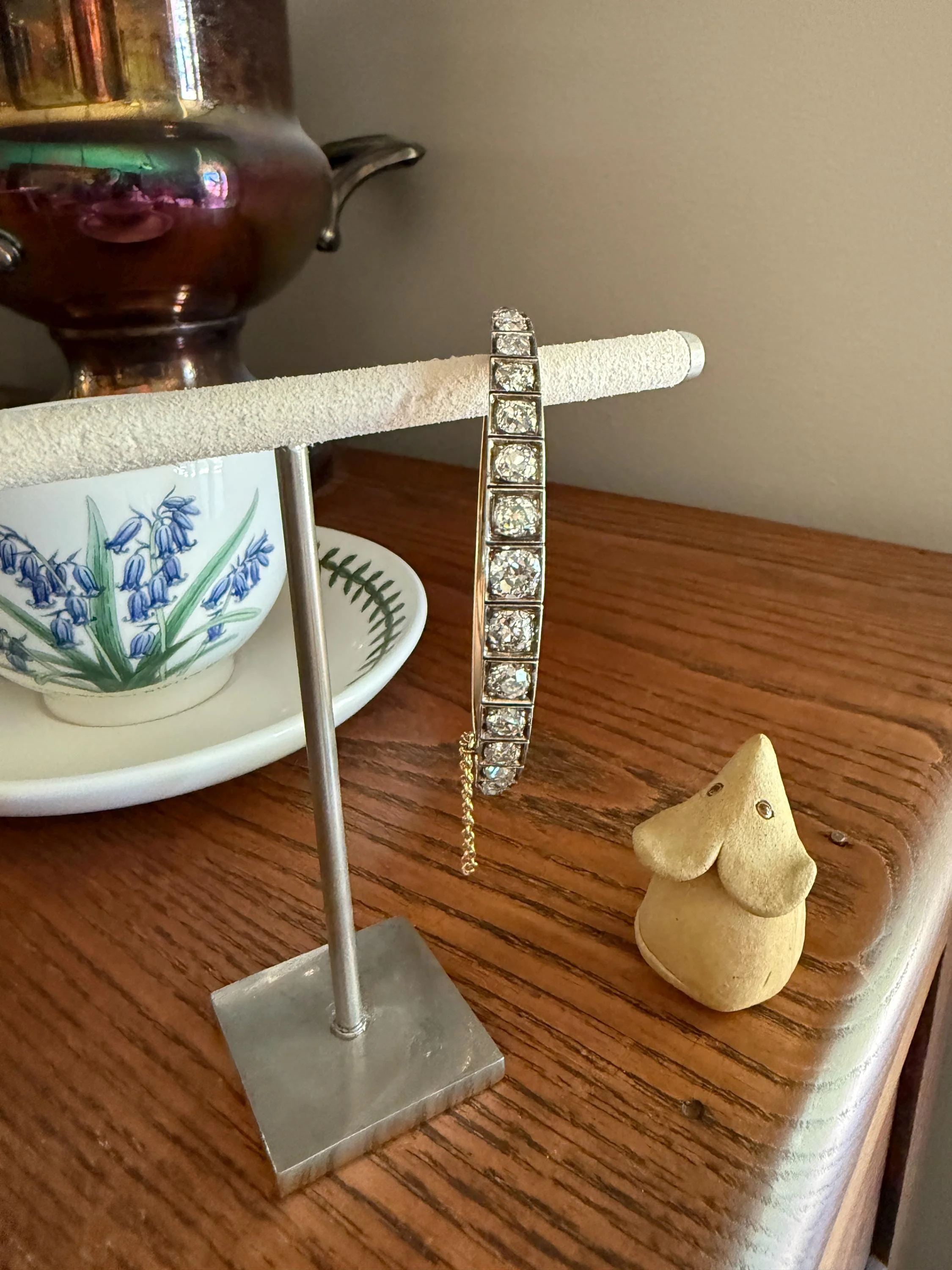 Antique 6.5 CARAT Old Mine Cut DIAMOND Hinged Bangle Line Bracelet 18k Gold Silver Top - Image 8