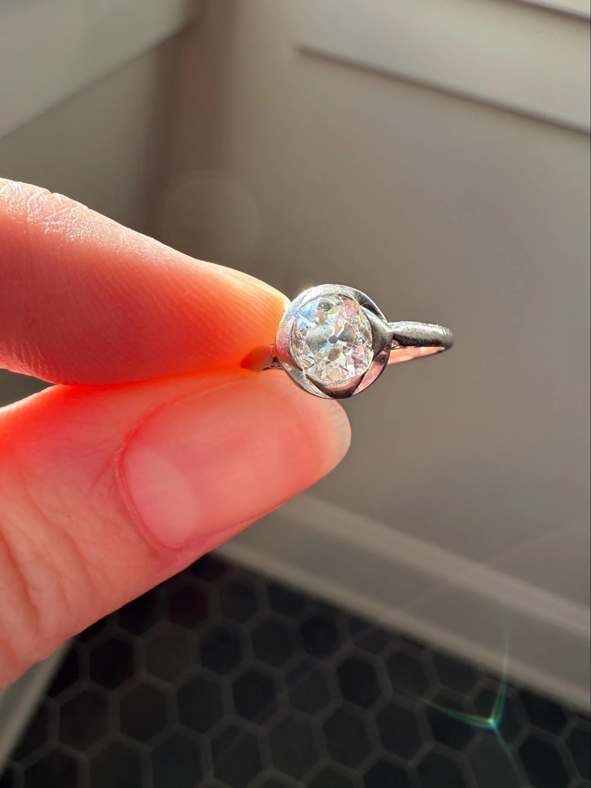 Antique .67 Carat Old Mine Cut DIAMOND Ring Edwardian Era French Platinum Solitaire Engagement Stacker Bezel Halo Setting OMC .67ctw