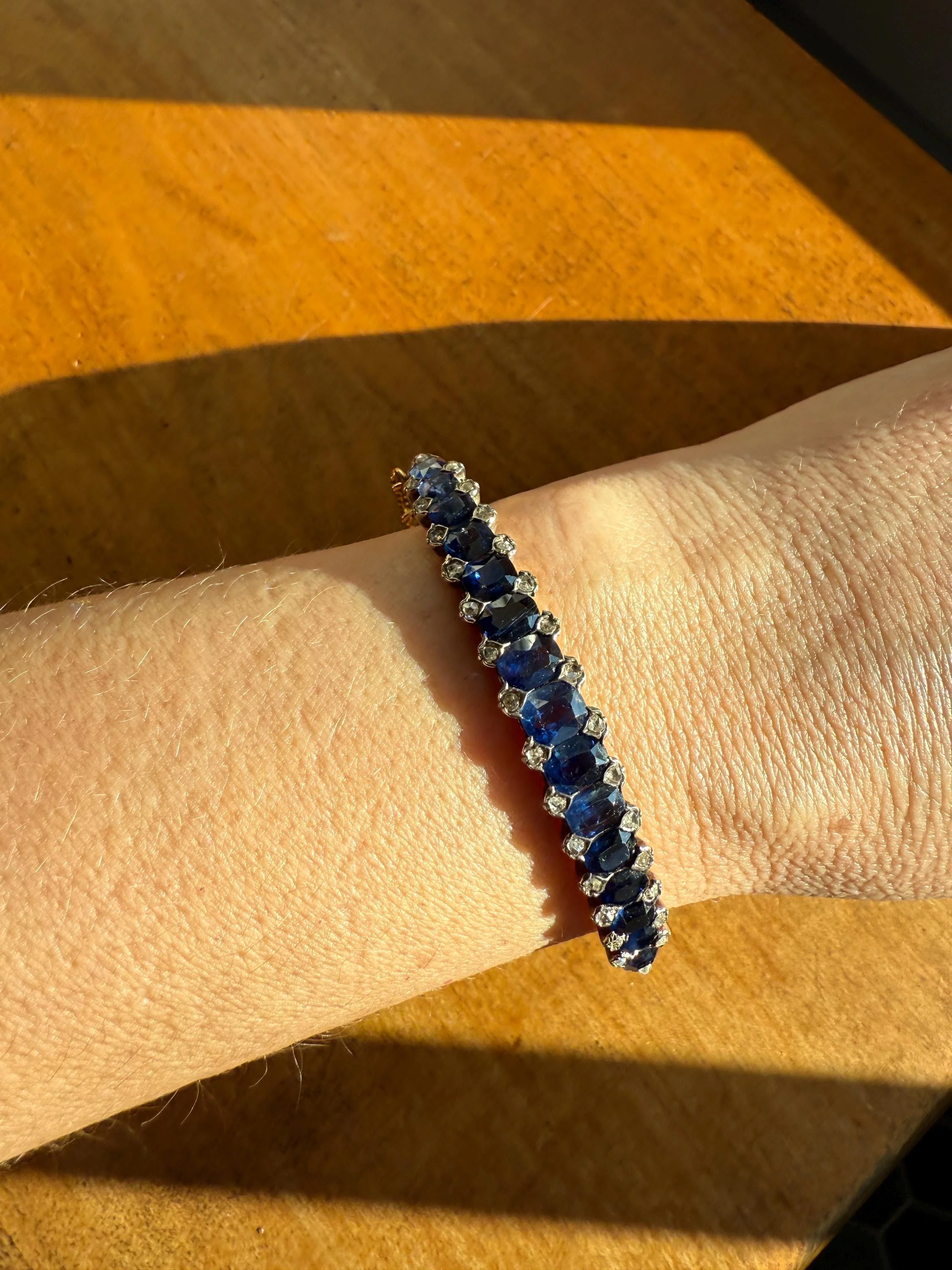Antique 7 CARAT Natural SAPPHIRE Encrusted Hinged Bangle Bracelet 18k Gold Silver Rose Cut Spacers Gemset Prong Victorian Wriststack - Image 10