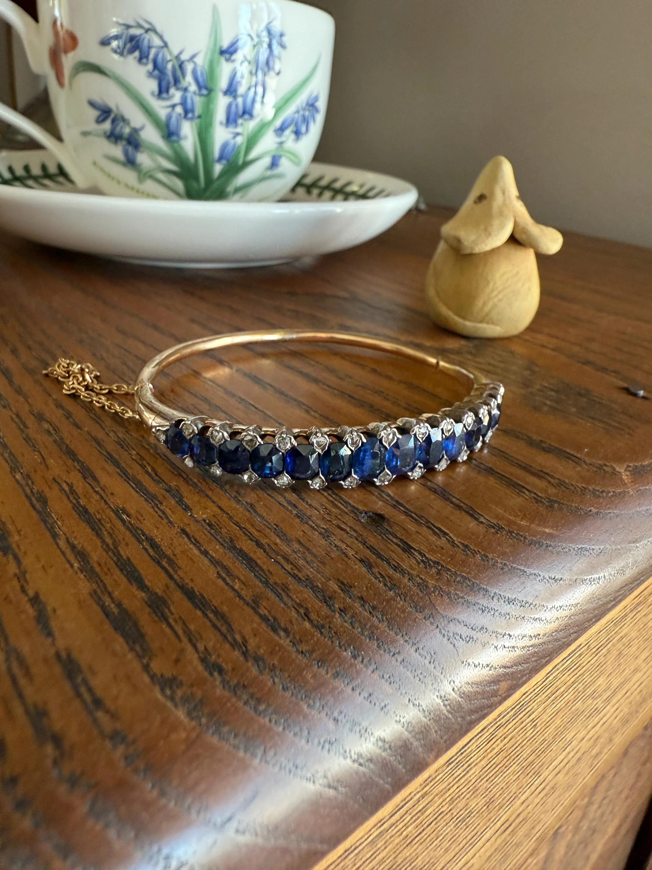 Antique 7 CARAT Natural SAPPHIRE Encrusted Hinged Bangle Bracelet 18k Gold Silver Rose Cut Spacers Gemset Prong Victorian Wriststack - Image 11