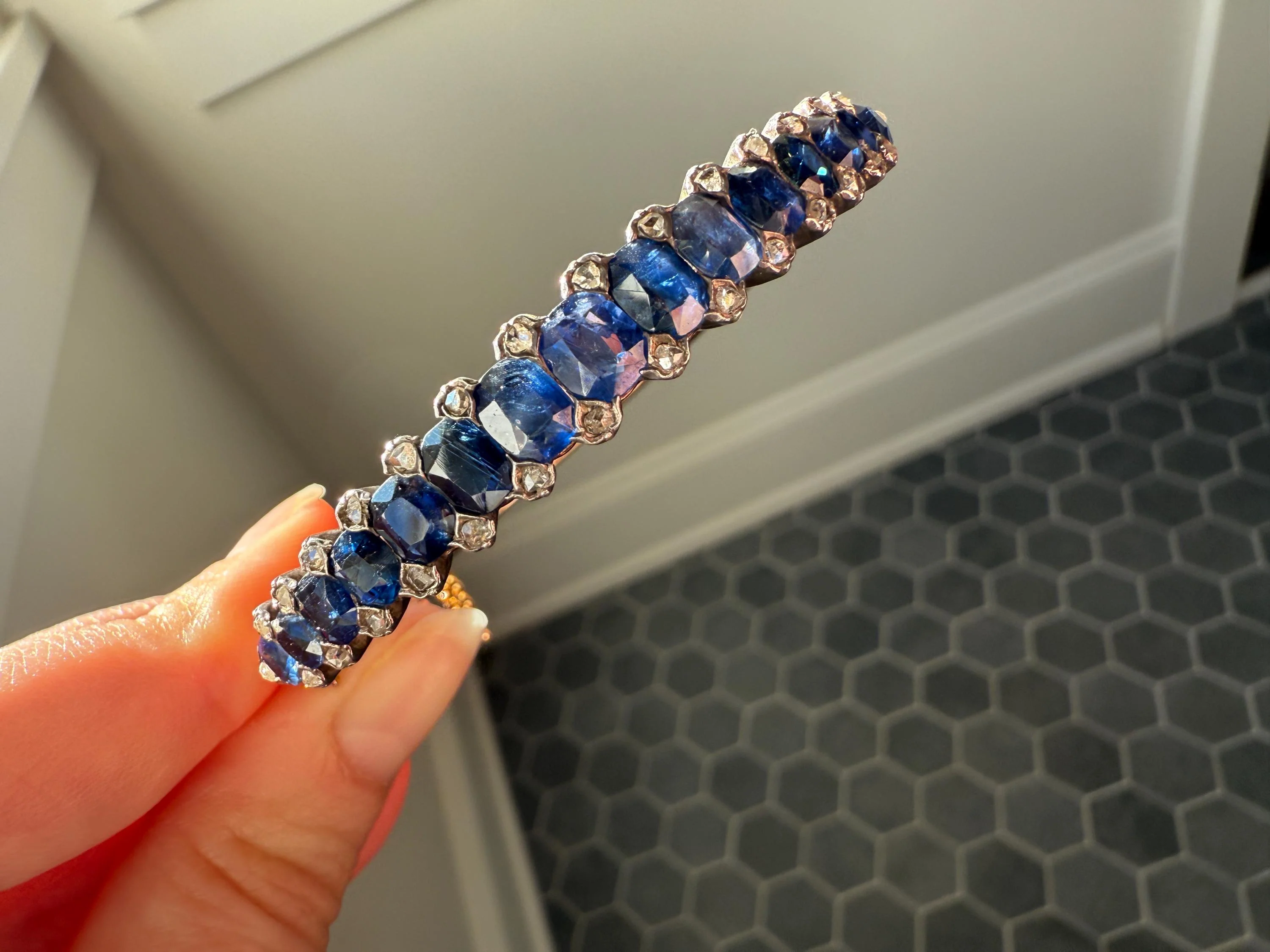 Antique 7 CARAT Natural SAPPHIRE Encrusted Hinged Bangle Bracelet 18k Gold Silver Rose Cut Spacers Gemset Prong Victorian Wriststack - Image 2