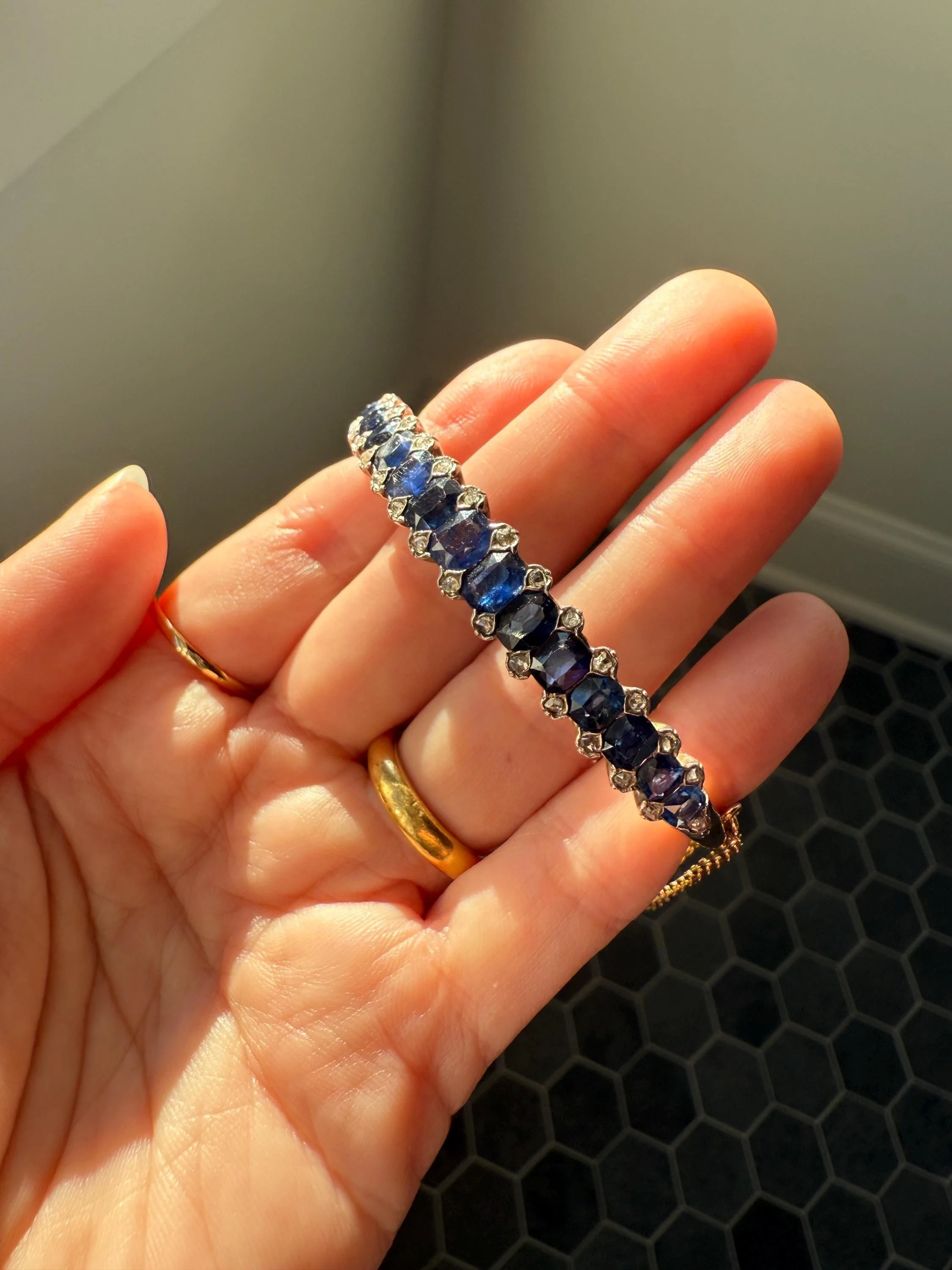 Antique 7 CARAT Natural SAPPHIRE Encrusted Hinged Bangle Bracelet 18k Gold Silver Rose Cut Spacers Gemset Prong Victorian Wriststack - Image 5