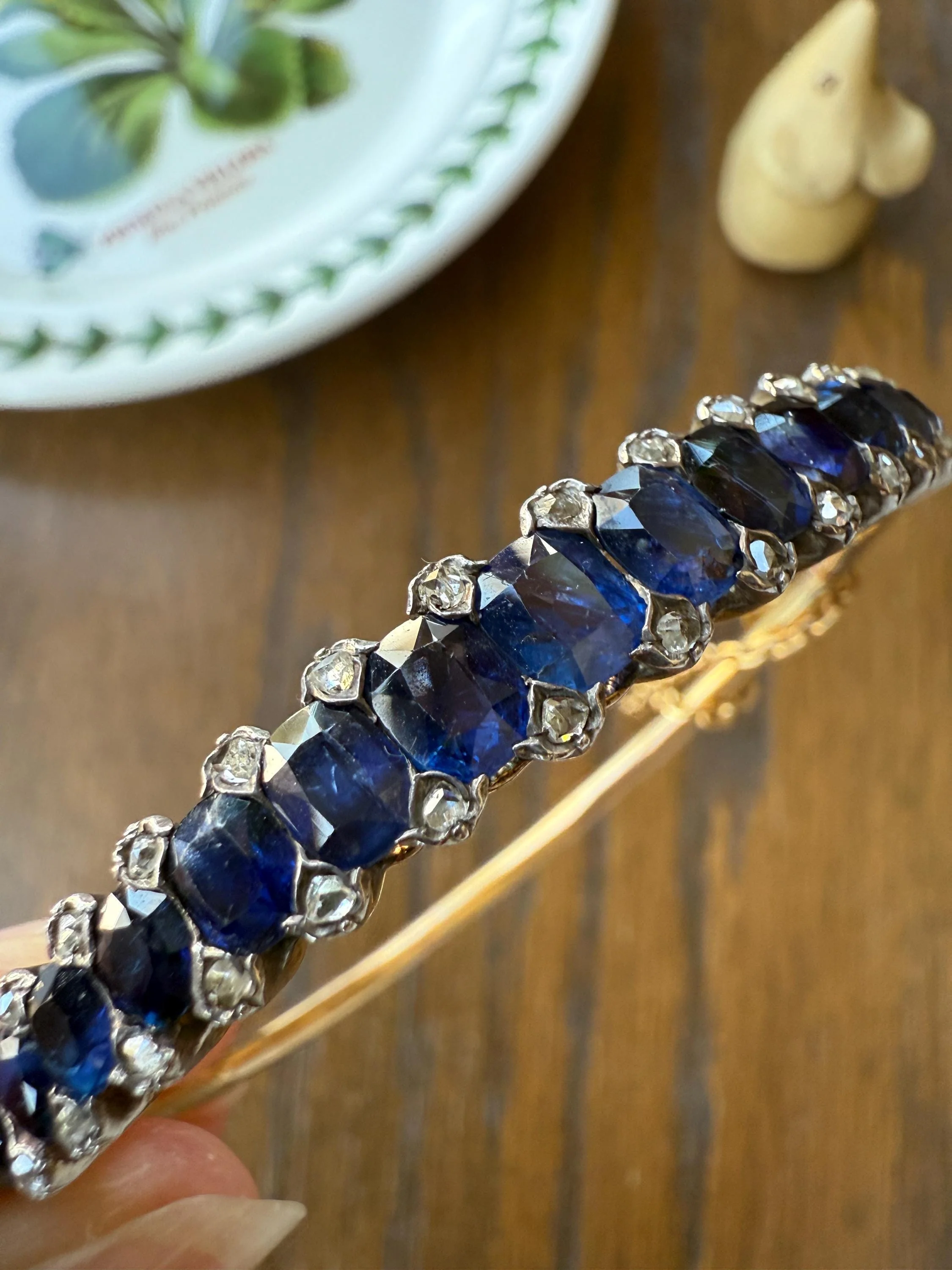 Antique 7 CARAT Natural SAPPHIRE Encrusted Hinged Bangle Bracelet 18k Gold Silver Rose Cut Spacers Gemset Prong Victorian Wriststack - Image 6