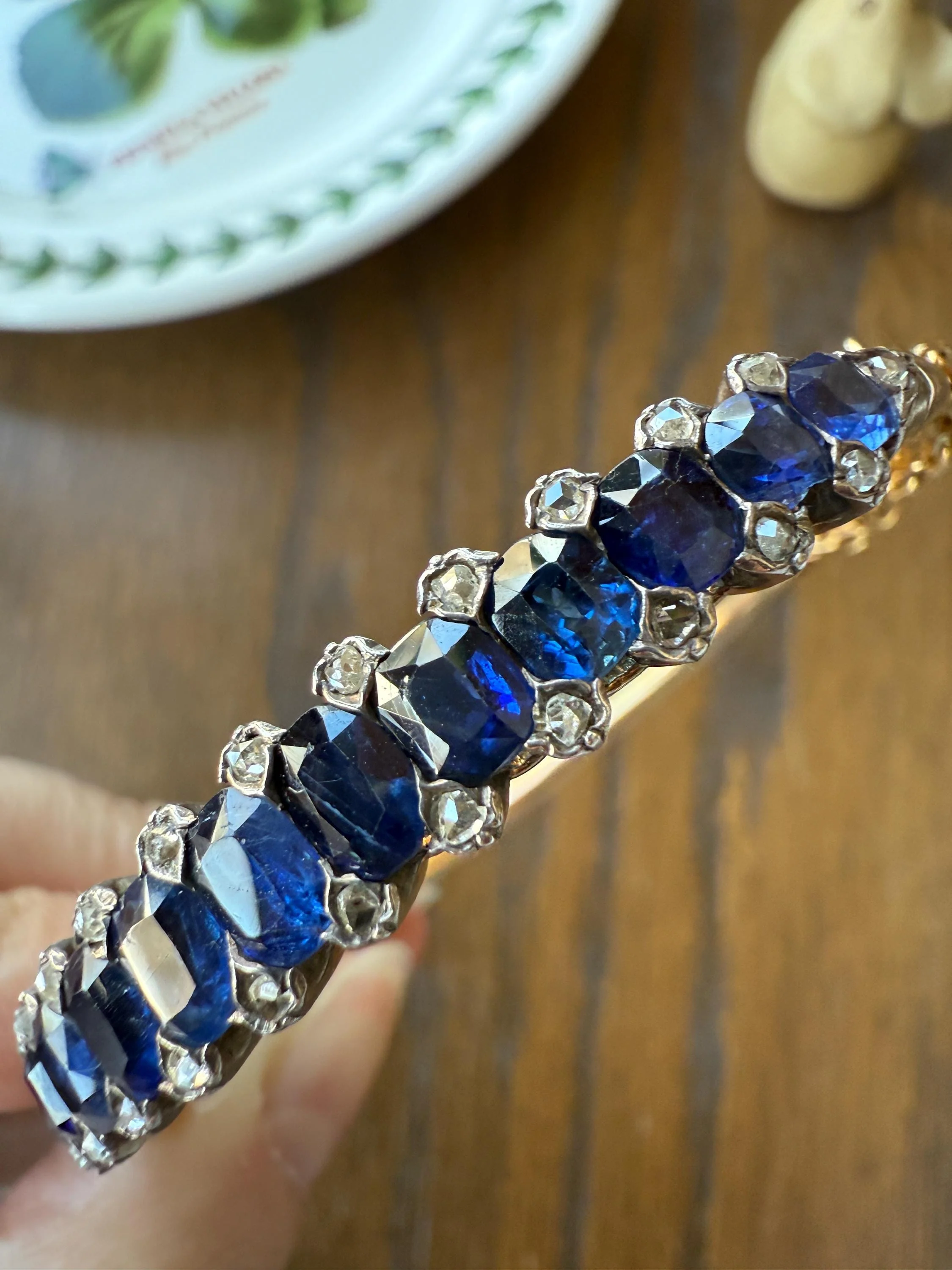Antique 7 CARAT Natural SAPPHIRE Encrusted Hinged Bangle Bracelet 18k Gold Silver Rose Cut Spacers Gemset Prong Victorian Wriststack - Image 7