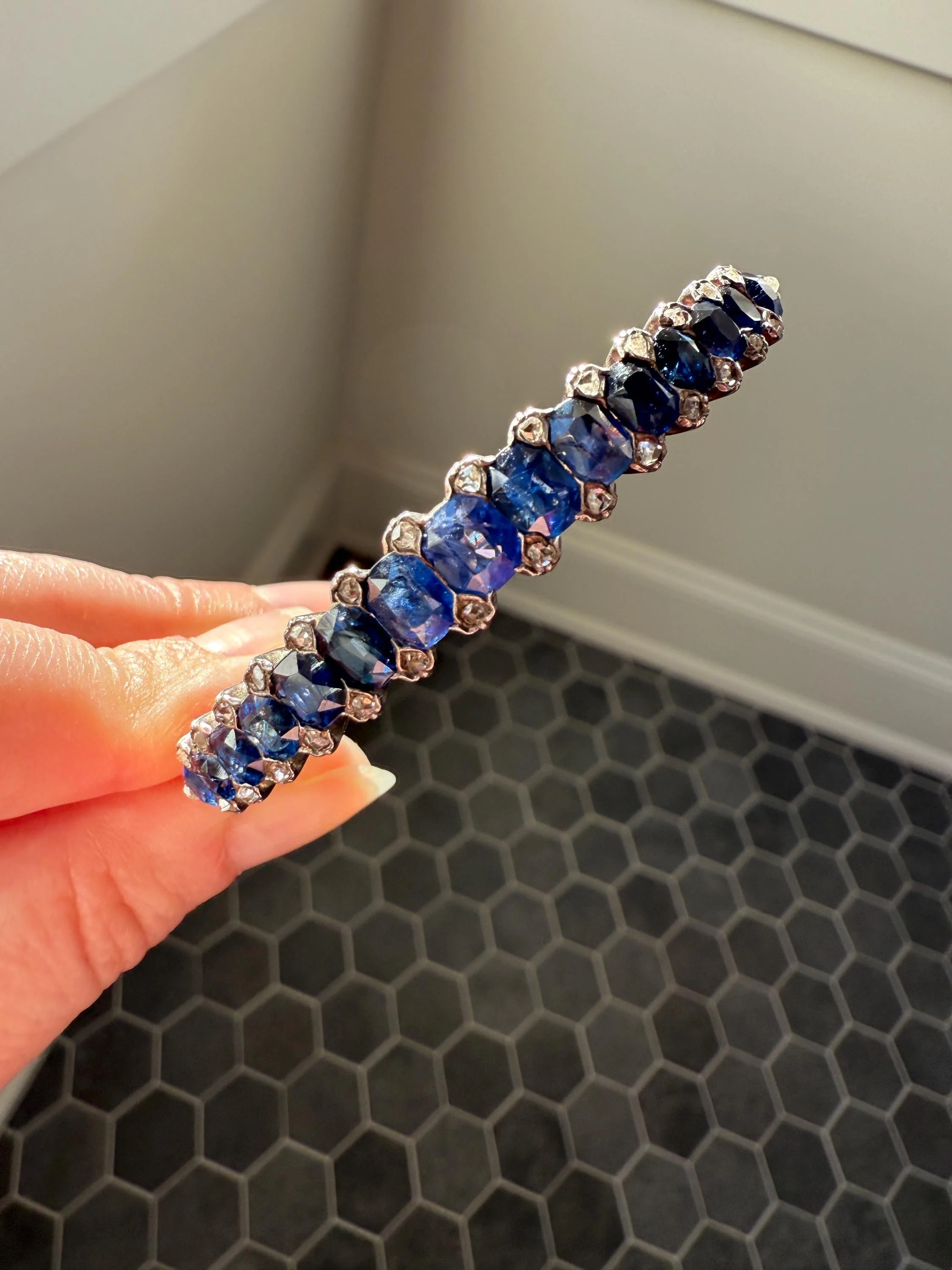 Antique 7 CARAT Natural SAPPHIRE Encrusted Hinged Bangle Bracelet 18k Gold Silver Rose Cut Spacers Gemset Prong Victorian Wriststack - Image 8
