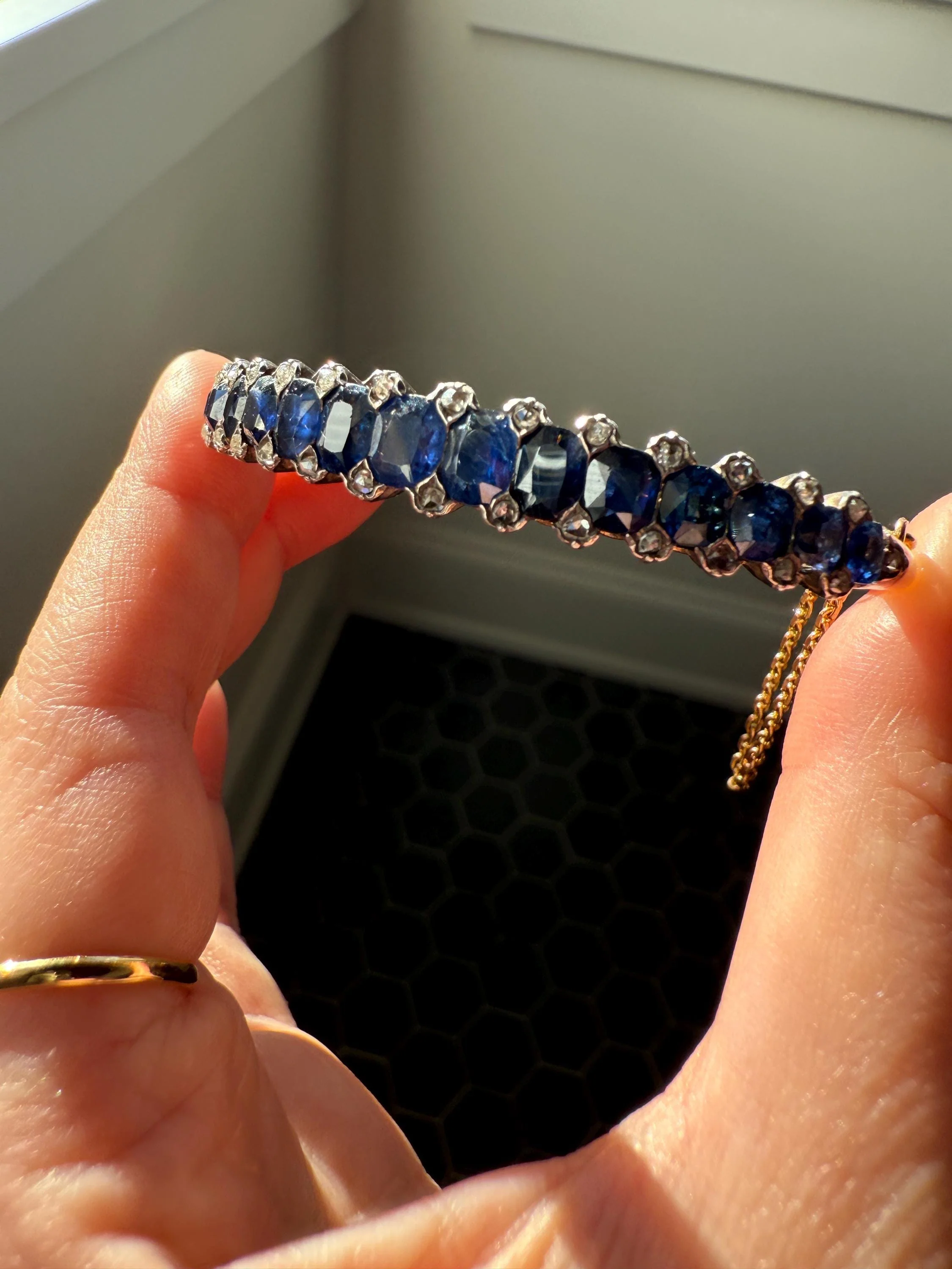 Antique 7 CARAT Natural SAPPHIRE Encrusted Hinged Bangle Bracelet 18k Gold Silver Rose Cut Spacers Gemset Prong Victorian Wriststack - Image 9