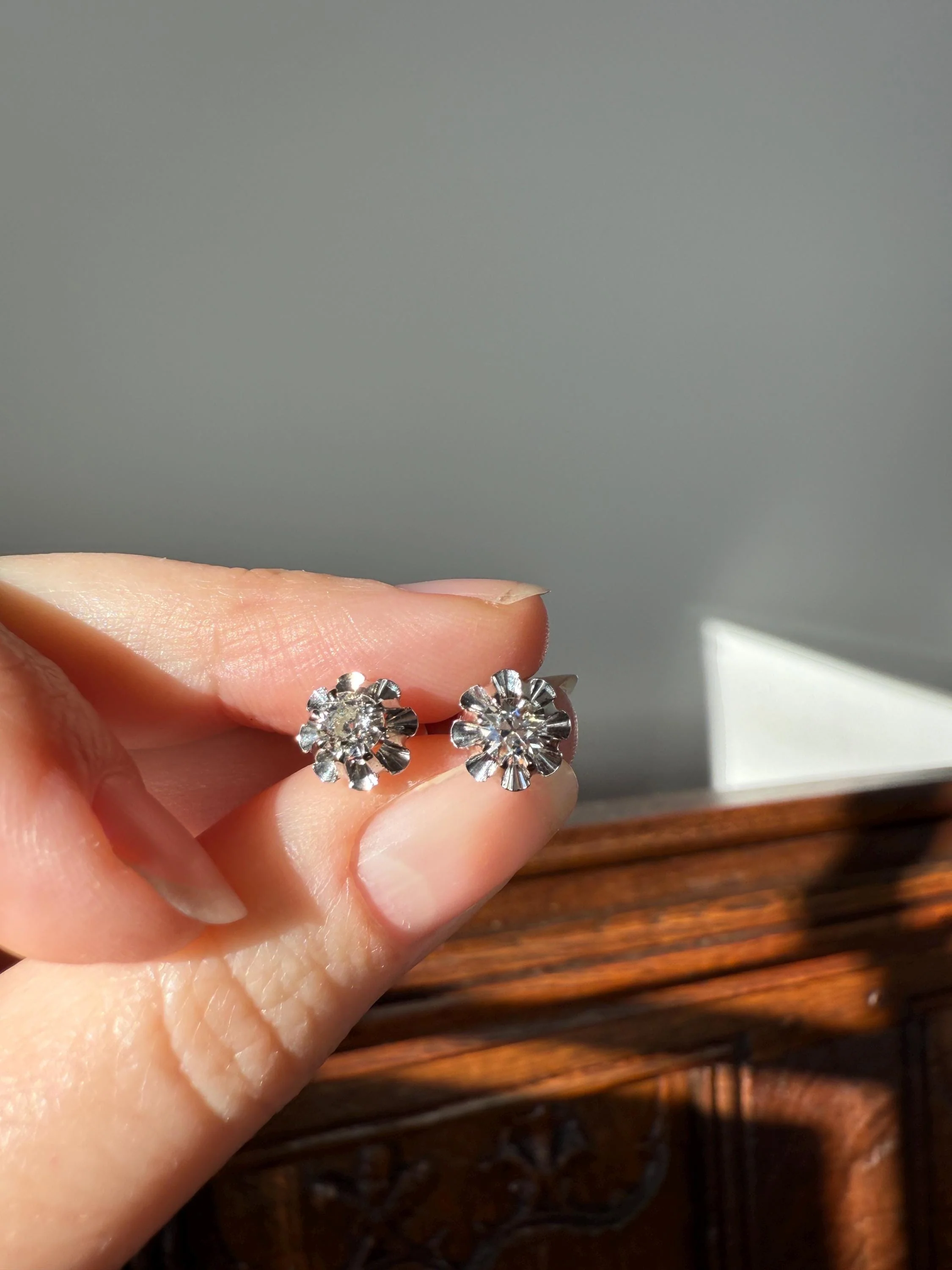 Antique .7 Carat Tdw Old Mine Cut DIAMOND Natural Stud Earrings 18k White Gold Bridal Something Old Minimalist OMC - Image 10