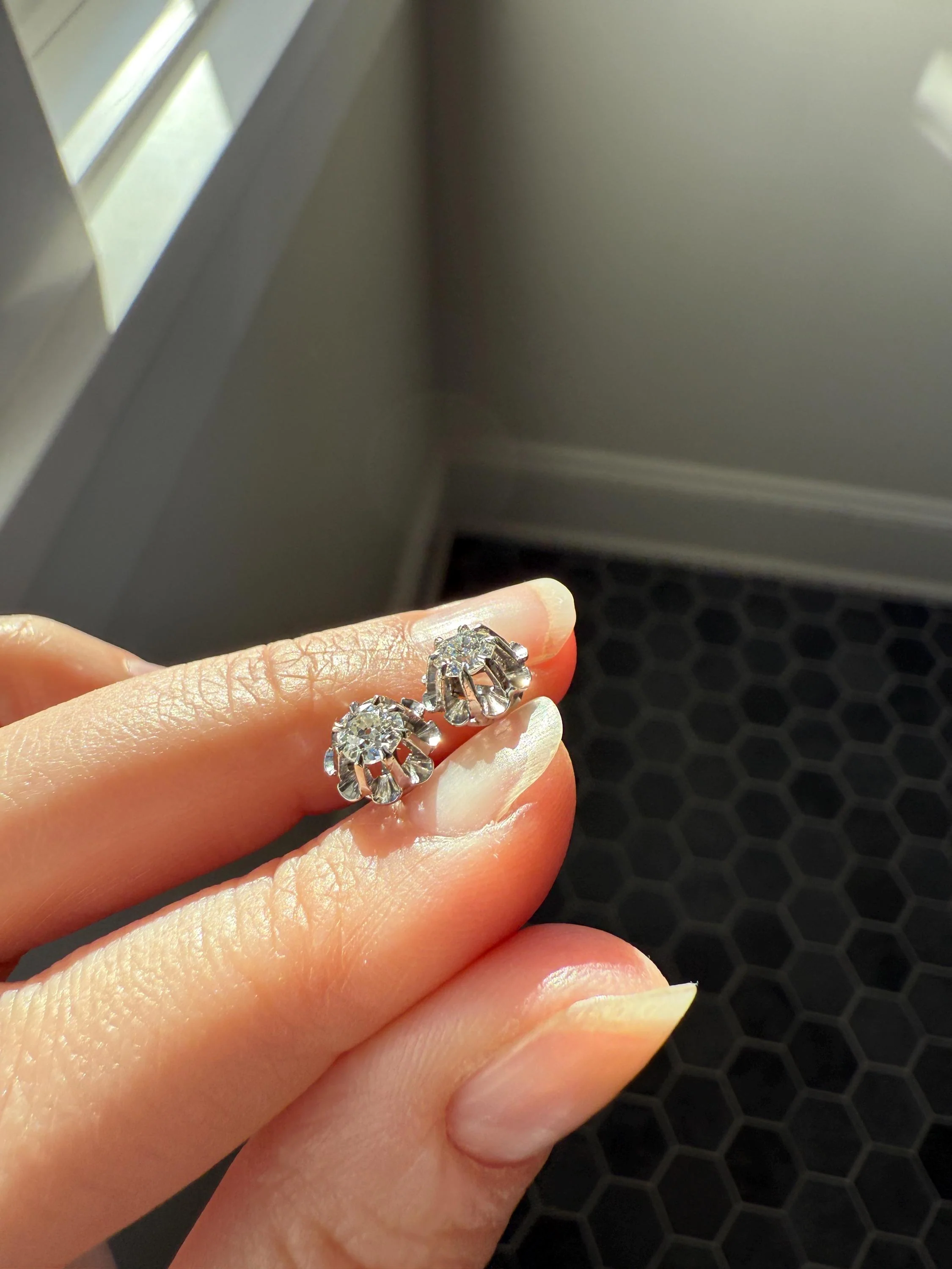 Antique .7 Carat Tdw Old Mine Cut DIAMOND Natural Stud Earrings 18k White Gold Bridal Something Old Minimalist OMC - Image 11