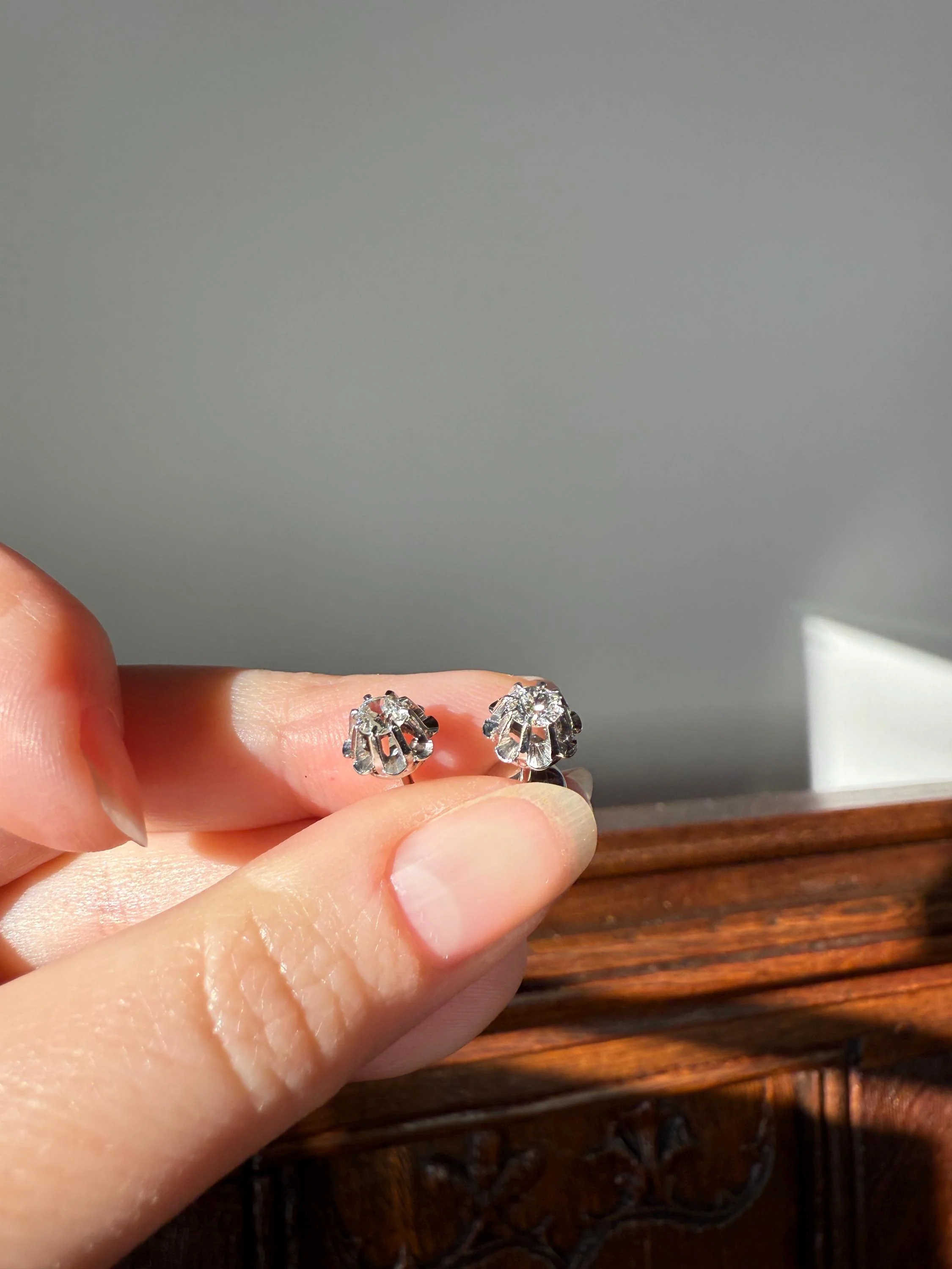 Antique .7 Carat Tdw Old Mine Cut DIAMOND Natural Stud Earrings 18k White Gold Bridal Something Old Minimalist OMC - Image 12