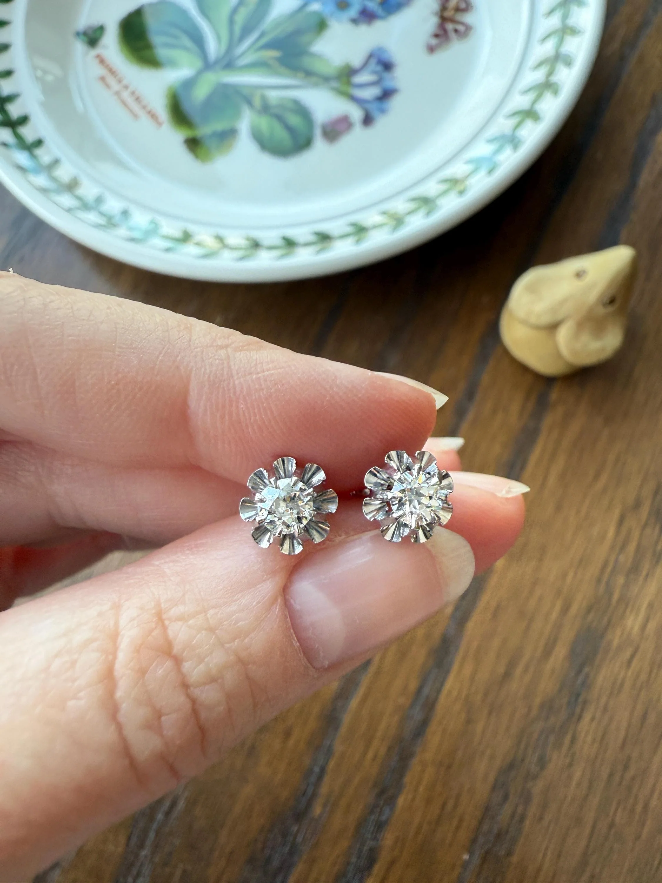 Antique .7 Carat Tdw Old Mine Cut DIAMOND Natural Stud Earrings 18k White Gold Bridal Something Old Minimalist OMC - Image 2