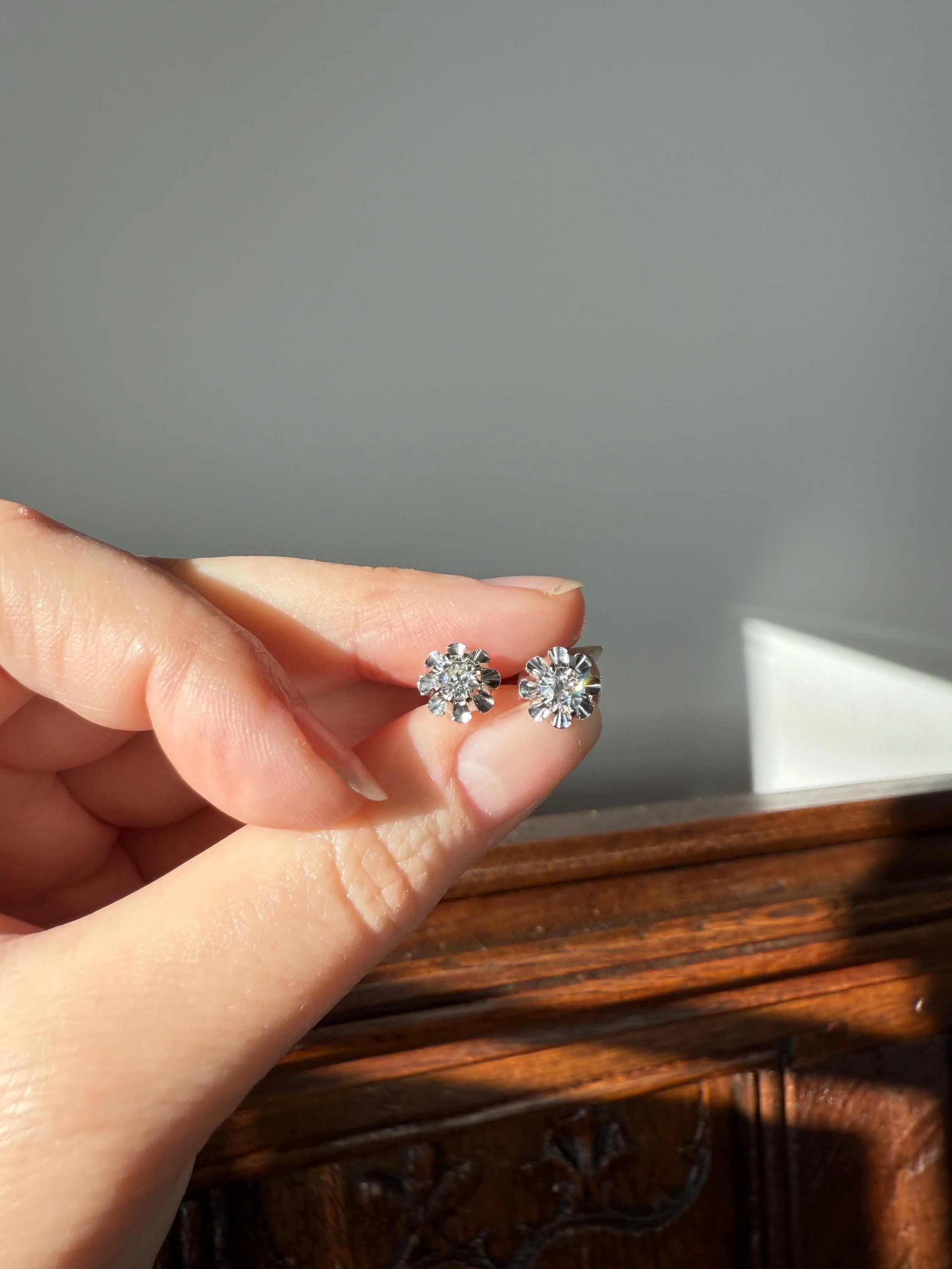 Antique .7 Carat Tdw Old Mine Cut DIAMOND Natural Stud Earrings 18k White Gold Bridal Something Old Minimalist OMC - Image 3