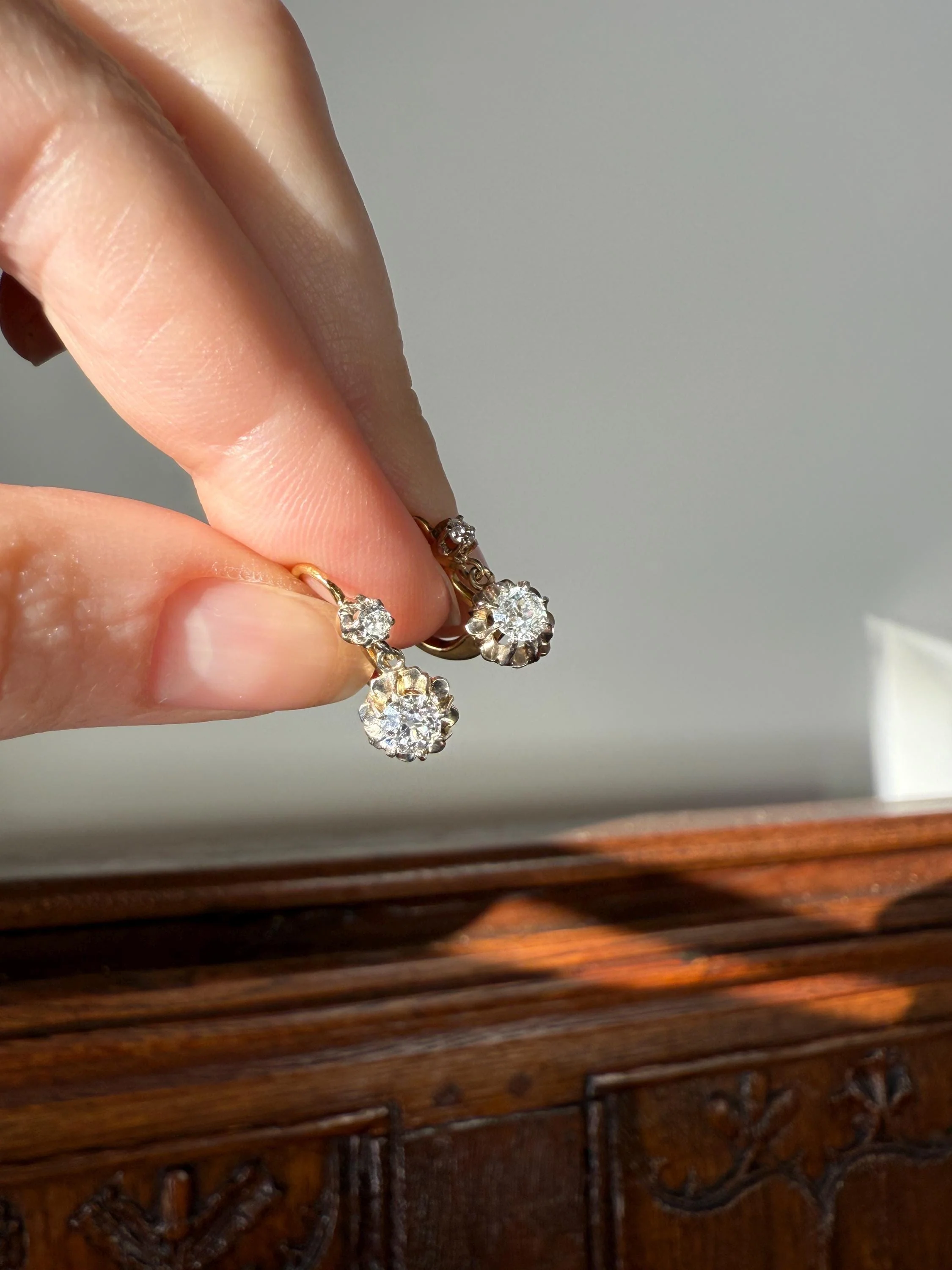 Antique .9 Carat Tdw Old Mine Cut Diamond Earrings 18k Gold French Victorian Dangle Dormeuse Gift Belle Epoque Bridal - Image 13
