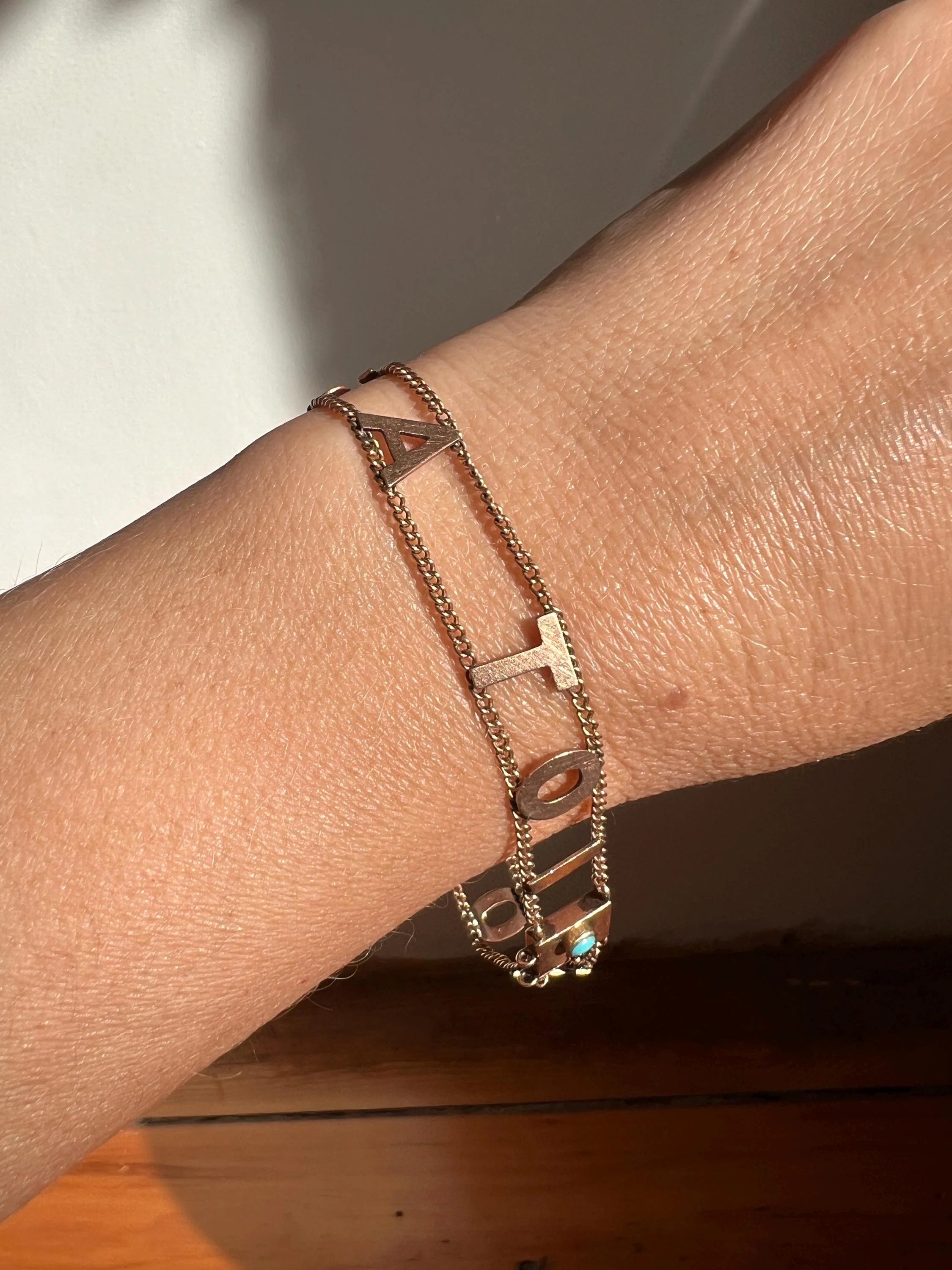 Antique " ALWAYS YOURS " Victorian Letter Bracelet 10k Rose Gold Solid Double Chain Toujours a Toi Turquoise Clasp - Image 4