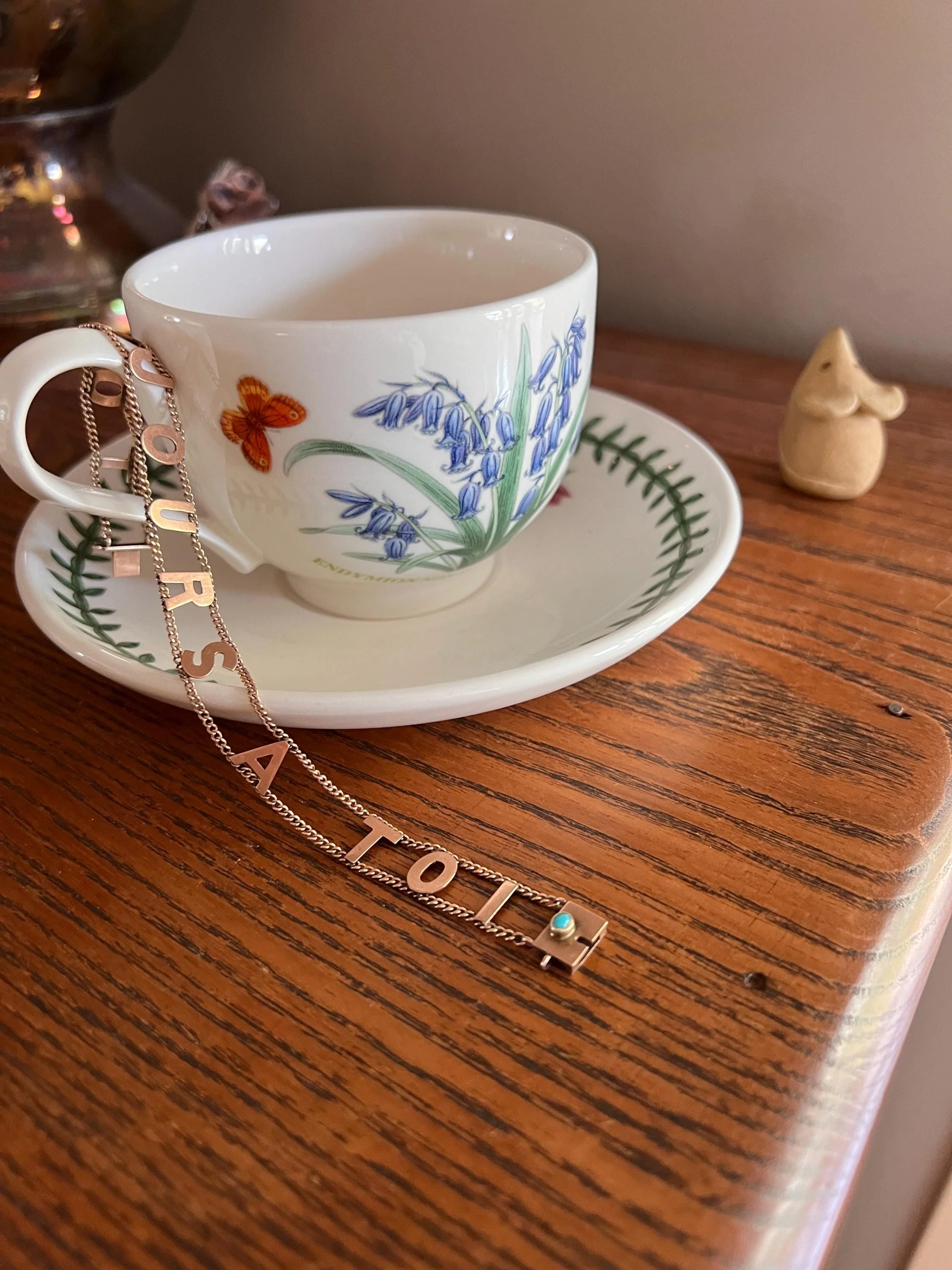 Antique " ALWAYS YOURS " Victorian Letter Bracelet 10k Rose Gold Solid Double Chain Toujours a Toi Turquoise Clasp - Image 5
