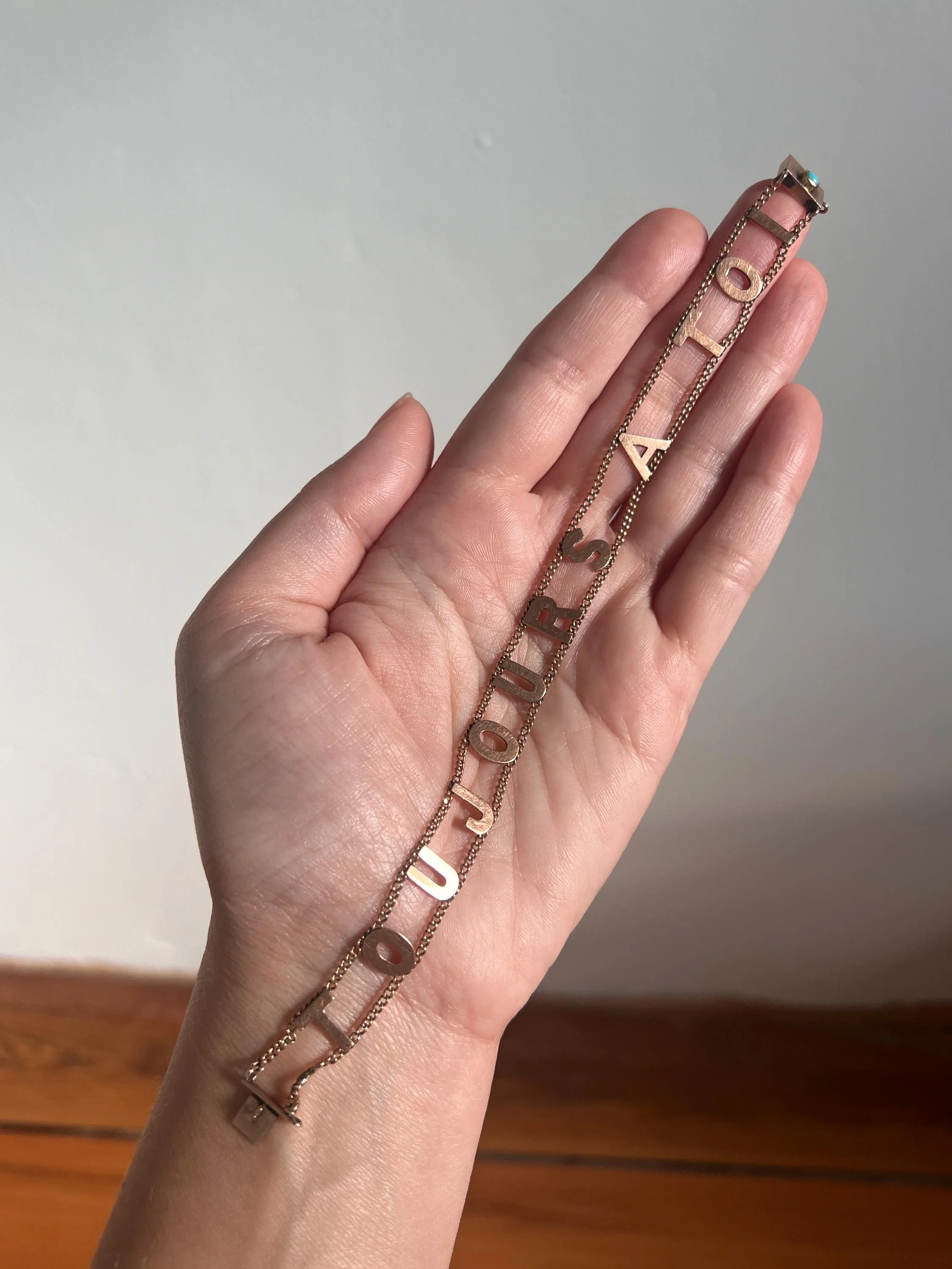 Antique " ALWAYS YOURS " Victorian Letter Bracelet 10k Rose Gold Solid Double Chain Toujours a Toi Turquoise Clasp - Image 6