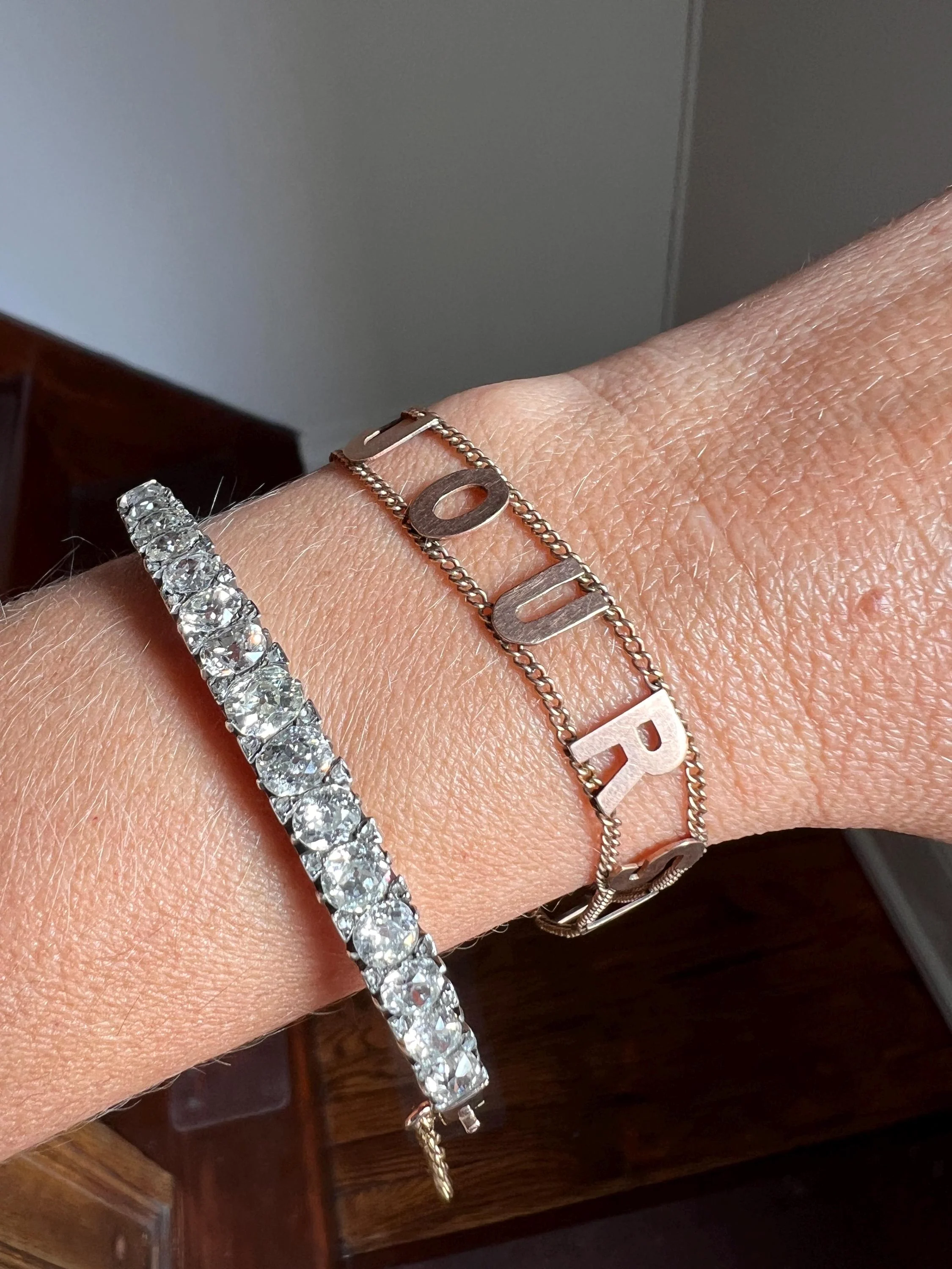 Antique " ALWAYS YOURS " Victorian Letter Bracelet 10k Rose Gold Solid Double Chain Toujours a Toi Turquoise Clasp - Image 7