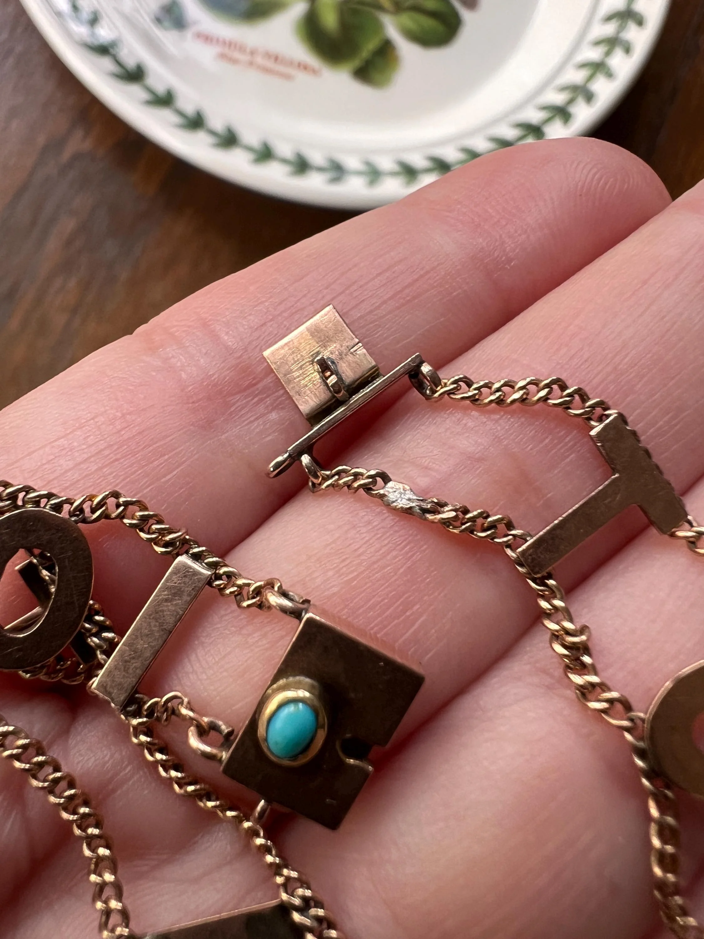 Antique " ALWAYS YOURS " Victorian Letter Bracelet 10k Rose Gold Solid Double Chain Toujours a Toi Turquoise Clasp - Image 8