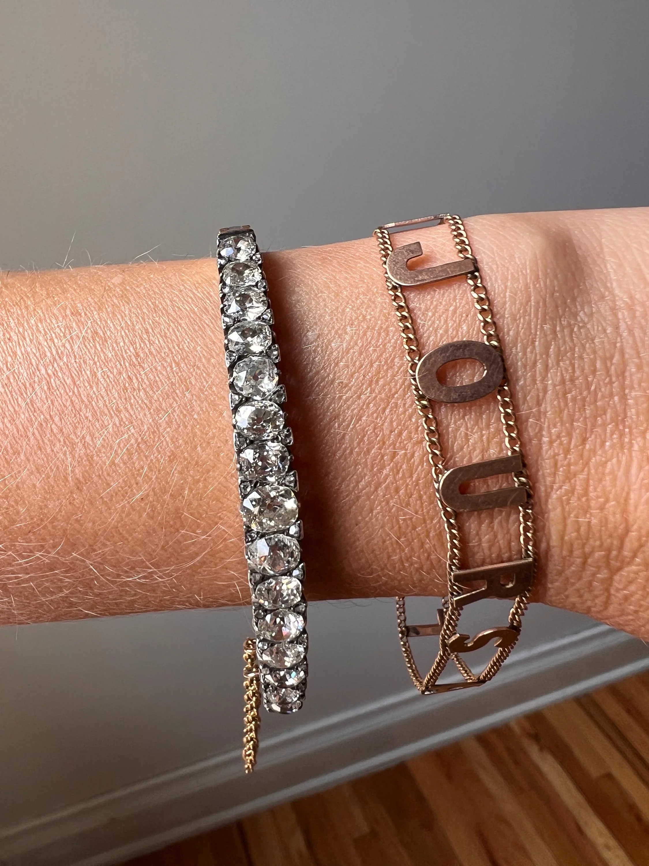 Antique " ALWAYS YOURS " Victorian Letter Bracelet 10k Rose Gold Solid Double Chain Toujours a Toi Turquoise Clasp - Image 9