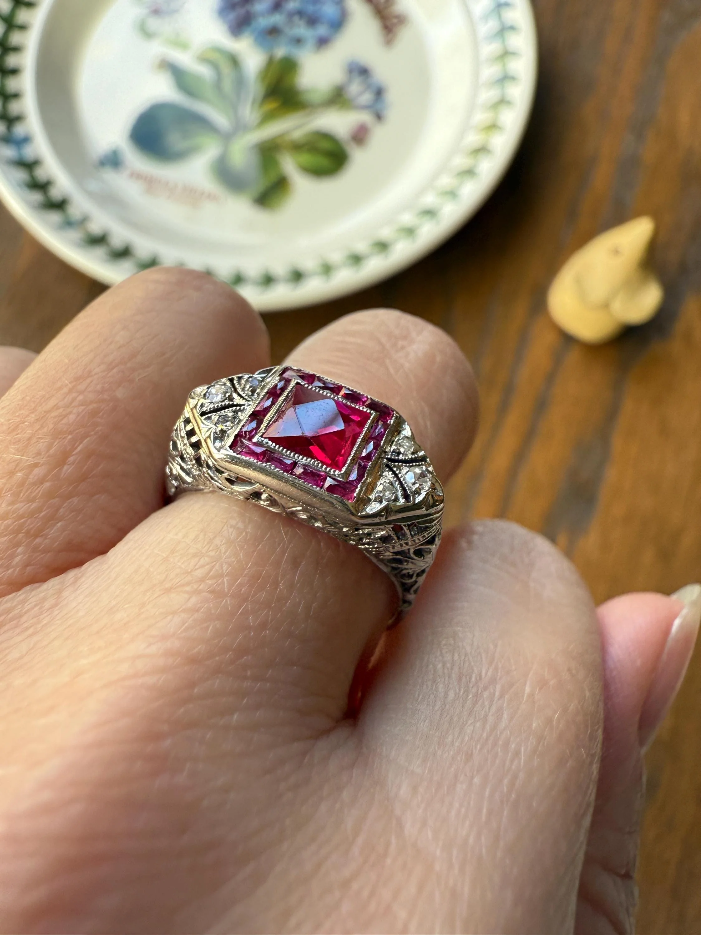 Antique Art Deco French Cut Pink RUBY Old Single Cut Diamond Ornate Filigree Ring Elongated Rectangle Halo 14k White Gold Floral Swirls - Image 12