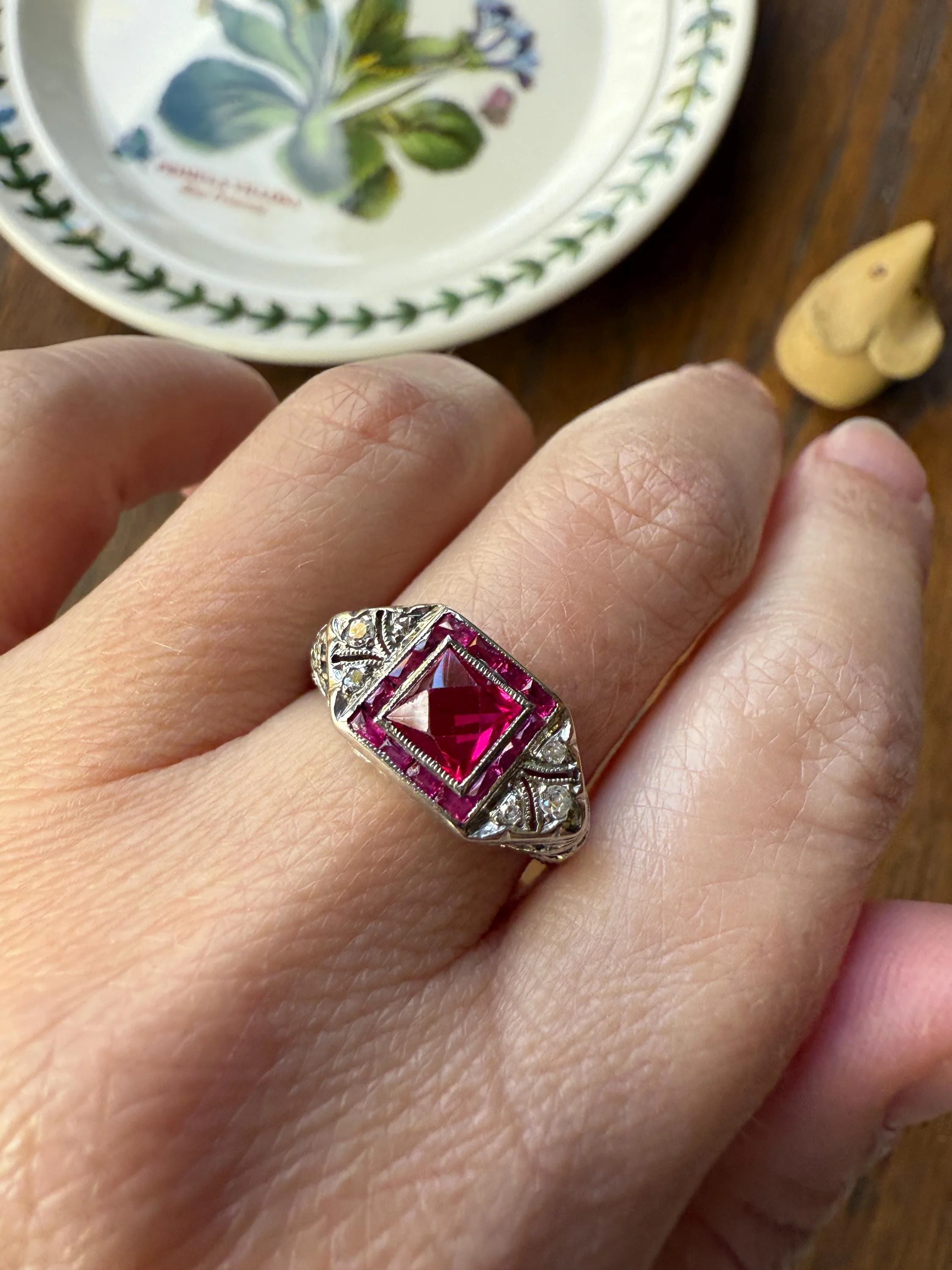 Antique Art Deco French Cut Pink RUBY Old Single Cut Diamond Ornate Filigree Ring Elongated Rectangle Halo 14k White Gold Floral Swirls - Image 13