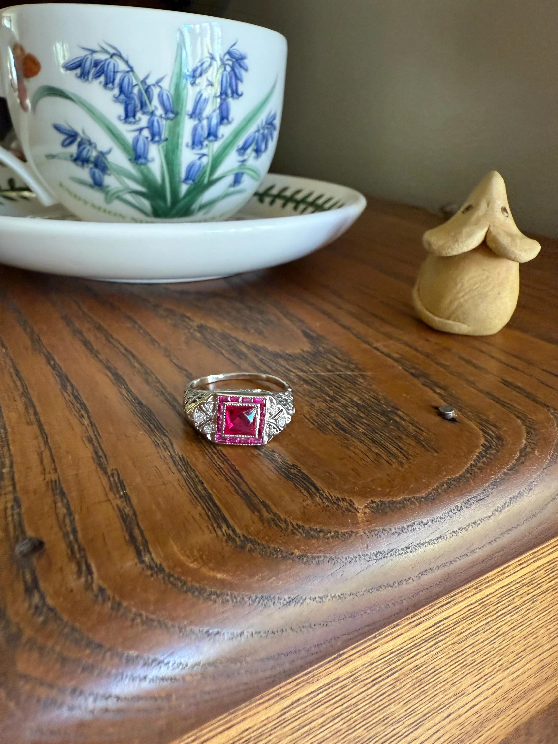 Antique Art Deco French Cut Pink RUBY Old Single Cut Diamond Ornate Filigree Ring Elongated Rectangle Halo 14k White Gold Floral Swirls - Image 14