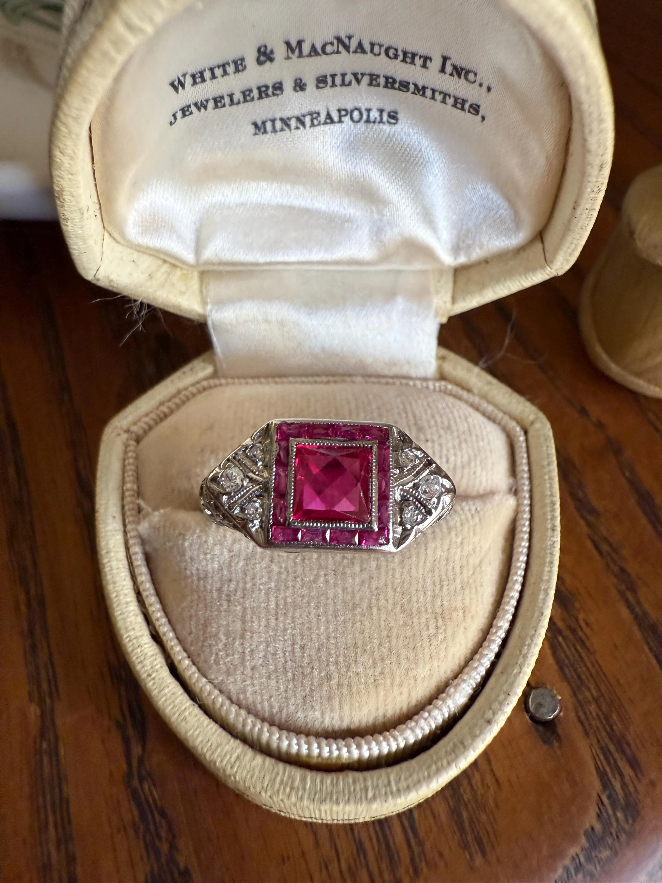 Antique Art Deco French Cut Pink RUBY Old Single Cut Diamond Ornate Filigree Ring Elongated Rectangle Halo 14k White Gold Floral Swirls - Image 15