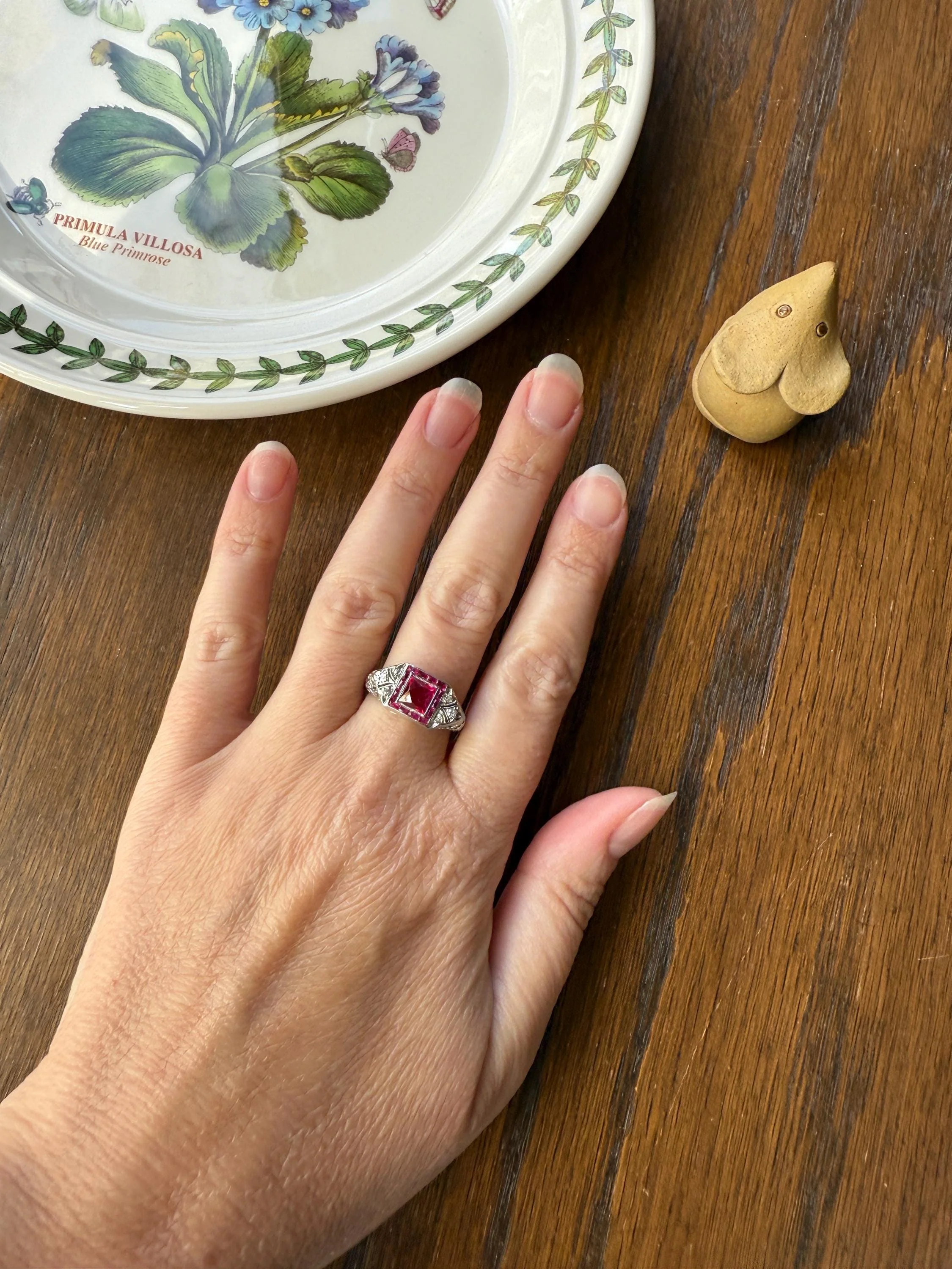Antique Art Deco French Cut Pink RUBY Old Single Cut Diamond Ornate Filigree Ring Elongated Rectangle Halo 14k White Gold Floral Swirls - Image 16