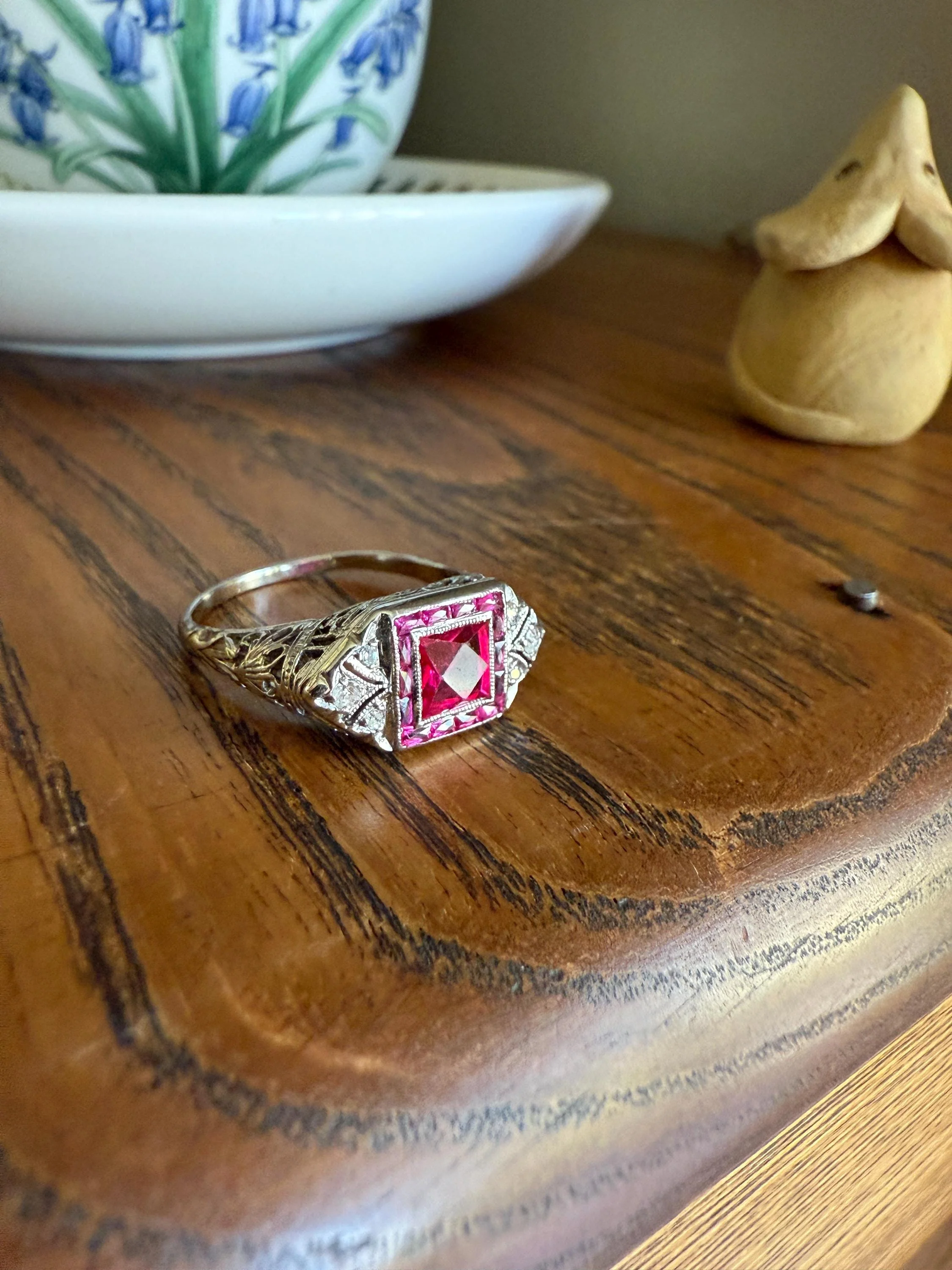 Antique Art Deco French Cut Pink RUBY Old Single Cut Diamond Ornate Filigree Ring Elongated Rectangle Halo 14k White Gold Floral Swirls - Image 17