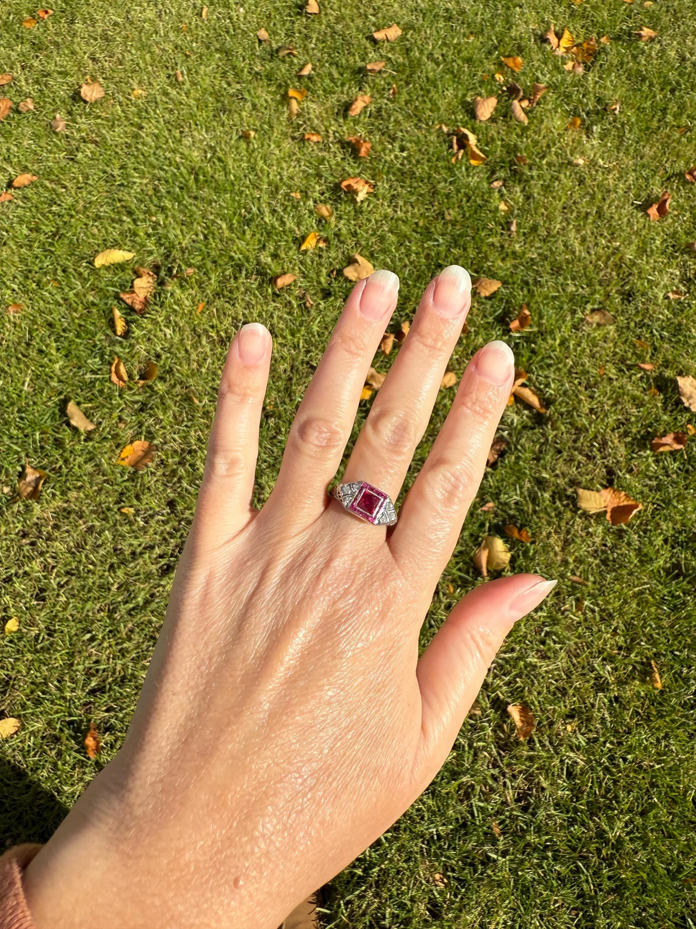Antique Art Deco French Cut Pink RUBY Old Single Cut Diamond Ornate Filigree Ring Elongated Rectangle Halo 14k White Gold Floral Swirls - Image 18