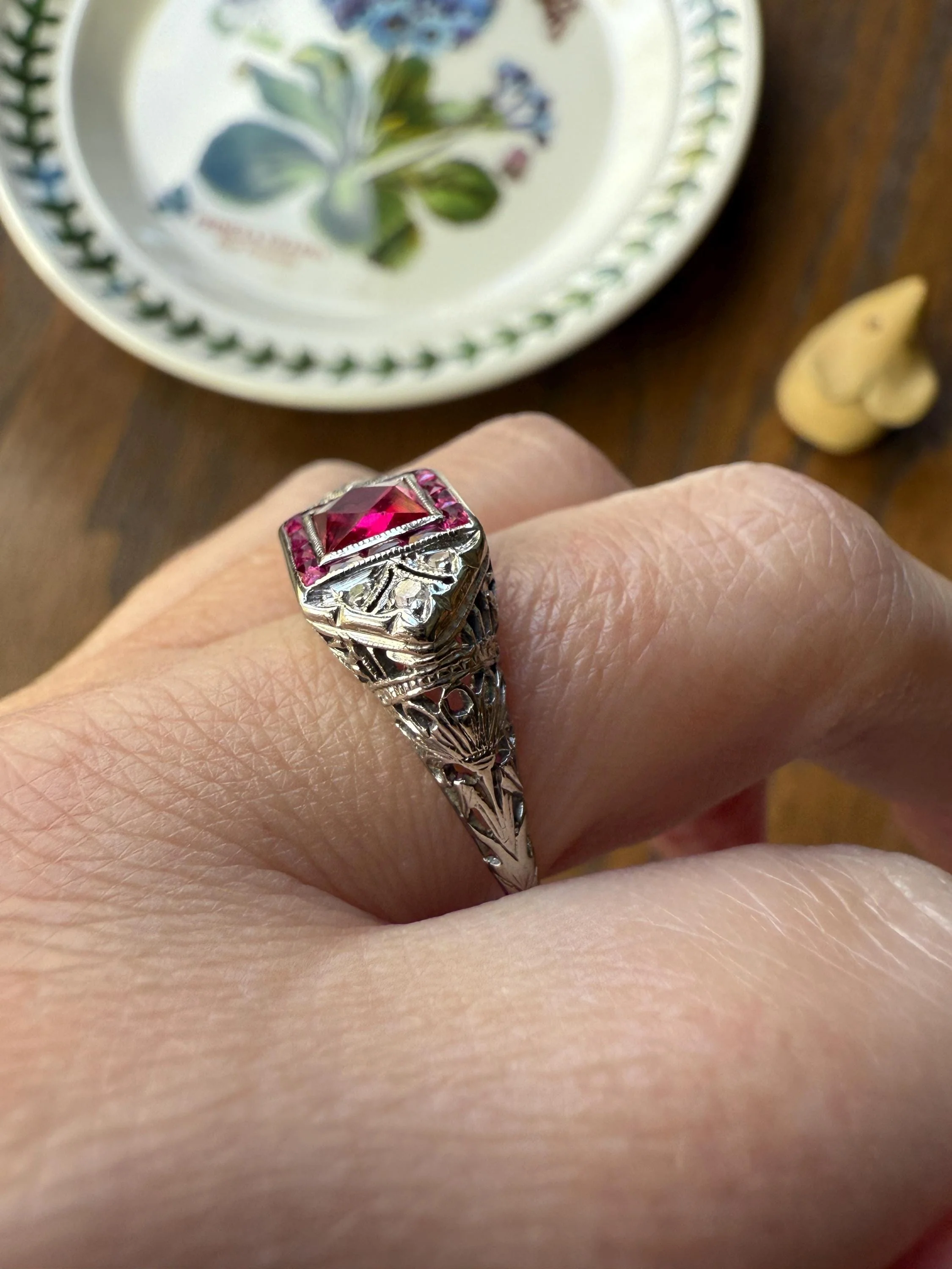 Antique Art Deco French Cut Pink RUBY Old Single Cut Diamond Ornate Filigree Ring Elongated Rectangle Halo 14k White Gold Floral Swirls - Image 2