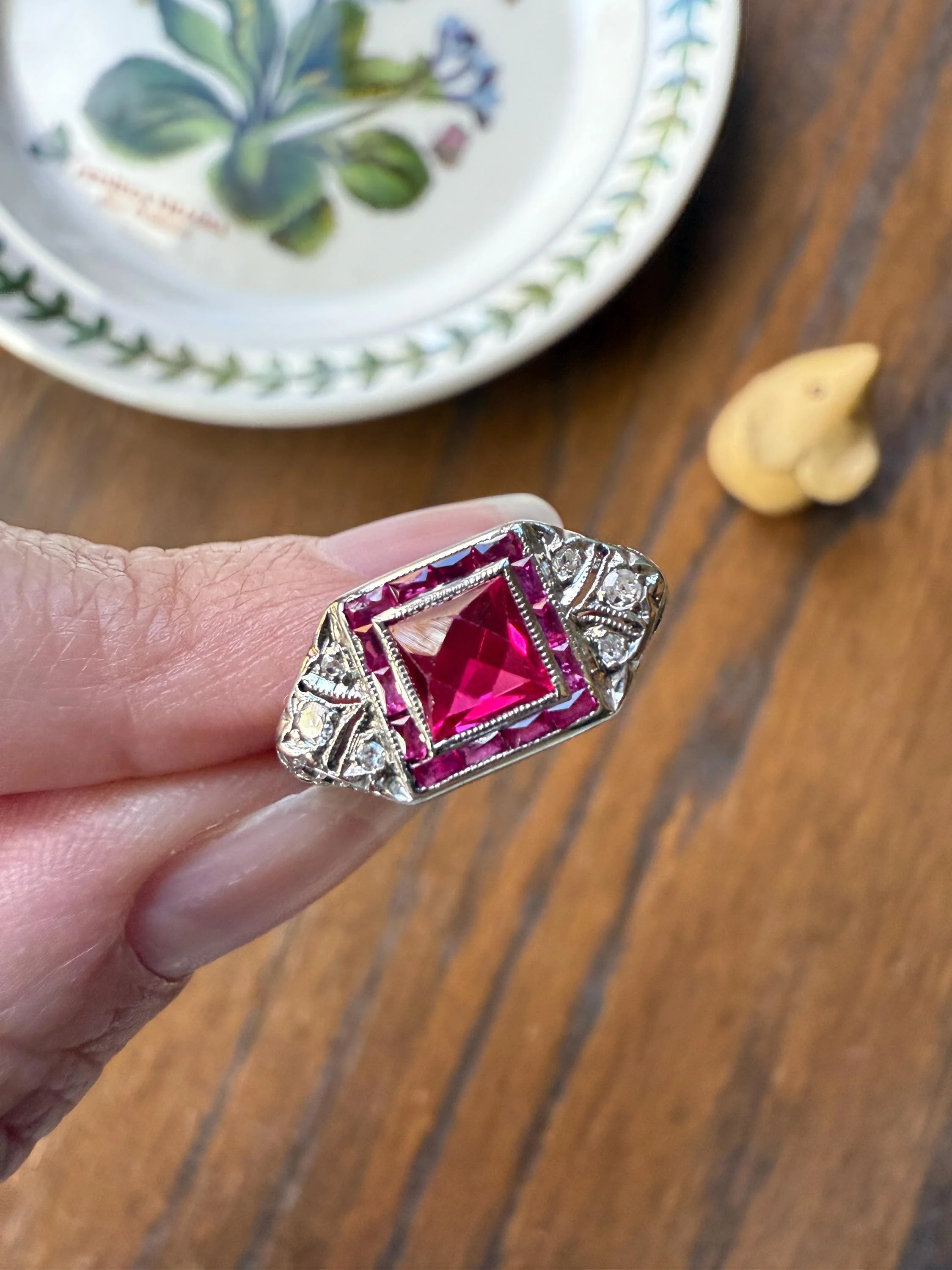 Antique Art Deco French Cut Pink RUBY Old Single Cut Diamond Ornate Filigree Ring Elongated Rectangle Halo 14k White Gold Floral Swirls - Image 3