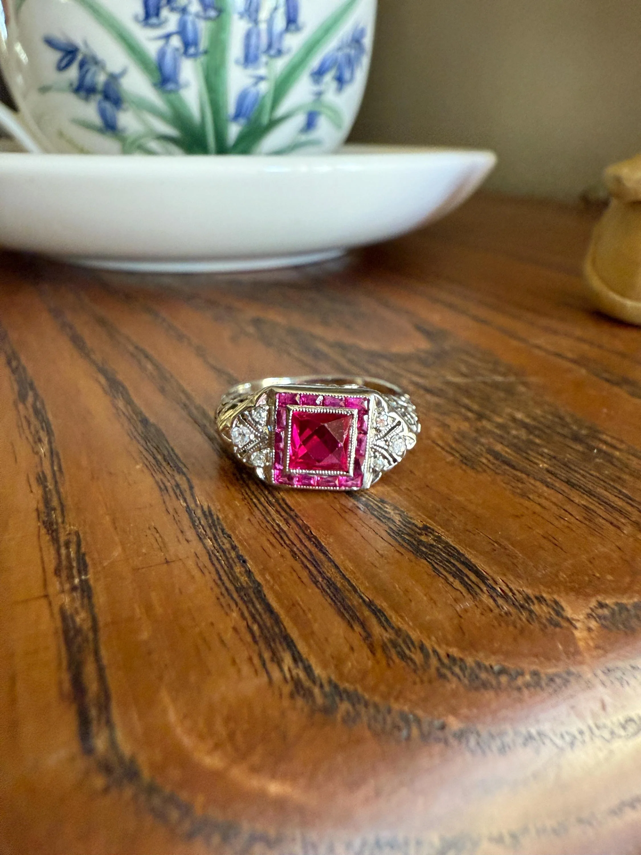 Antique Art Deco French Cut Pink RUBY Old Single Cut Diamond Ornate Filigree Ring Elongated Rectangle Halo 14k White Gold Floral Swirls - Image 4