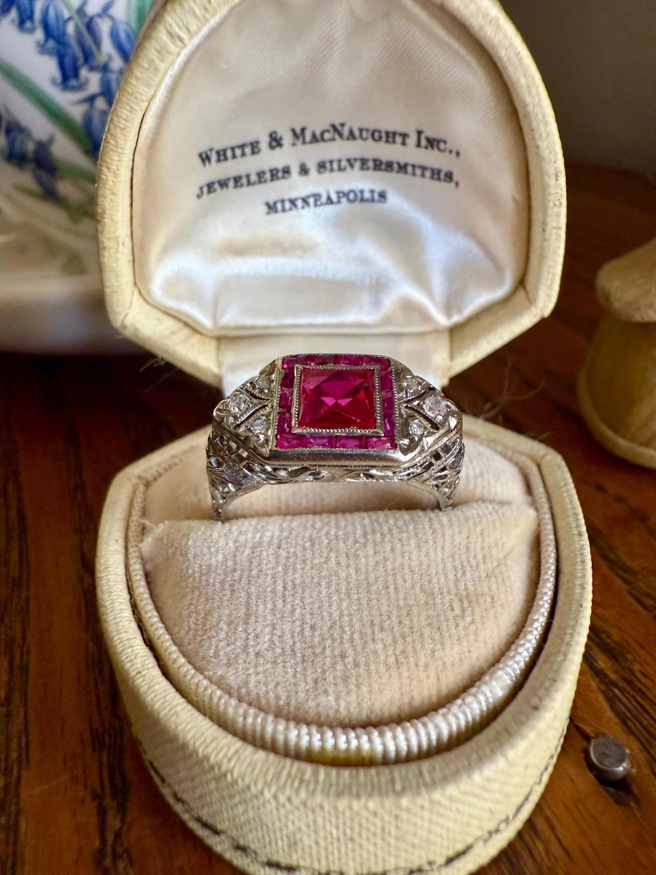 Antique Art Deco French Cut Pink RUBY Old Single Cut Diamond Ornate Filigree Ring Elongated Rectangle Halo 14k White Gold Floral Swirls - Image 5