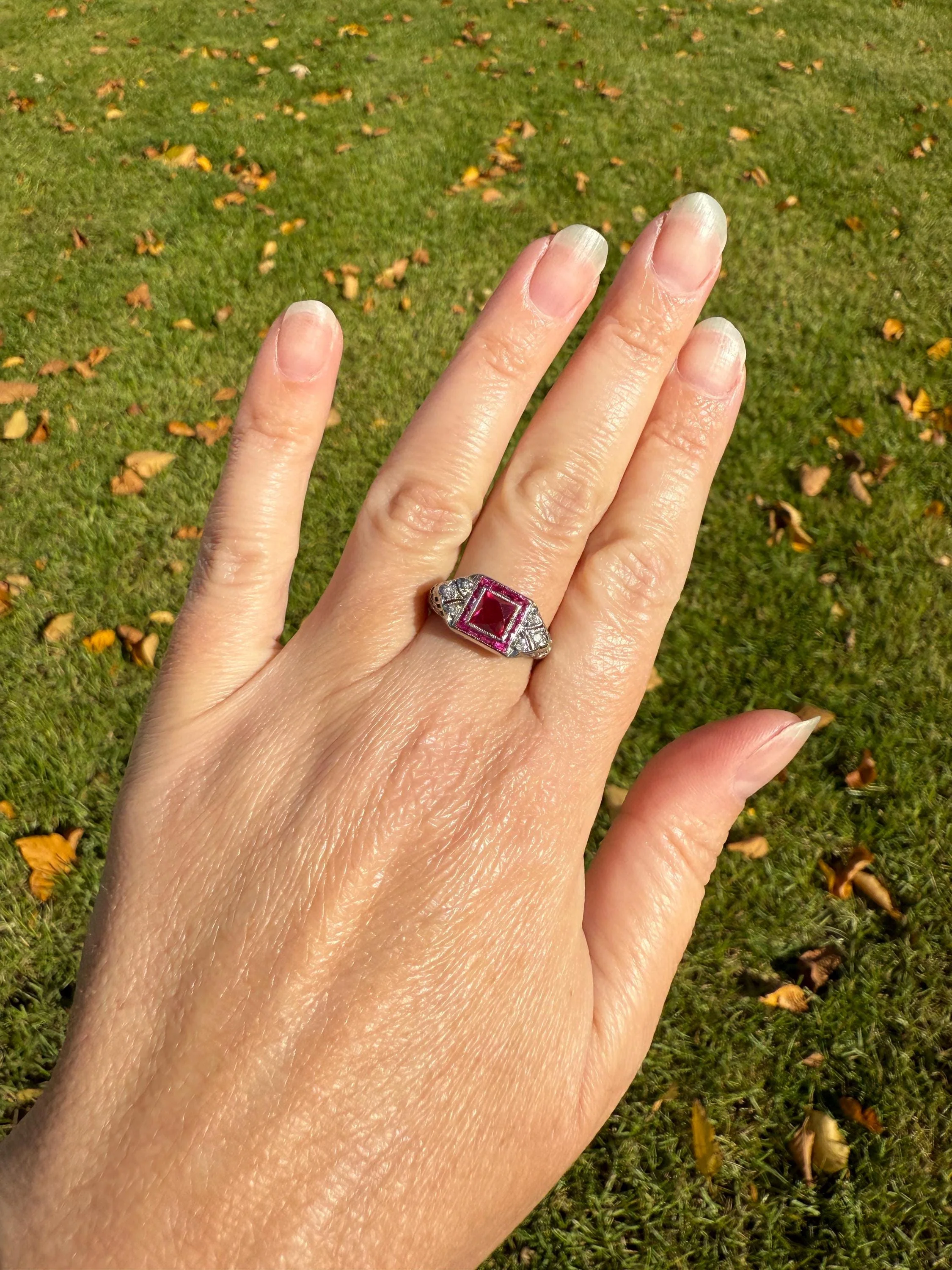 Antique Art Deco French Cut Pink RUBY Old Single Cut Diamond Ornate Filigree Ring Elongated Rectangle Halo 14k White Gold Floral Swirls - Image 7