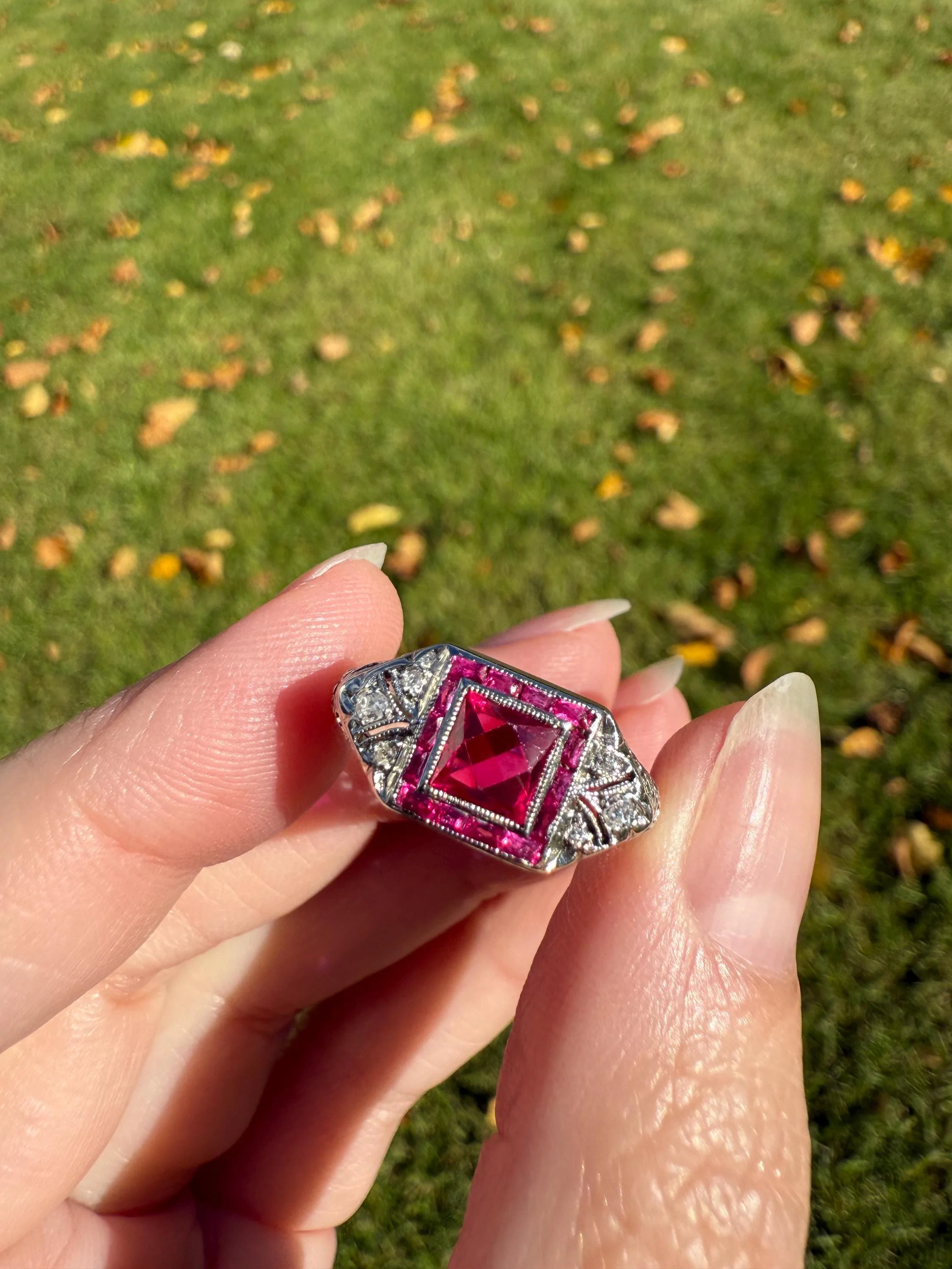 Antique Art Deco French Cut Pink RUBY Old Single Cut Diamond Ornate Filigree Ring Elongated Rectangle Halo 14k White Gold Floral Swirls - Image 8