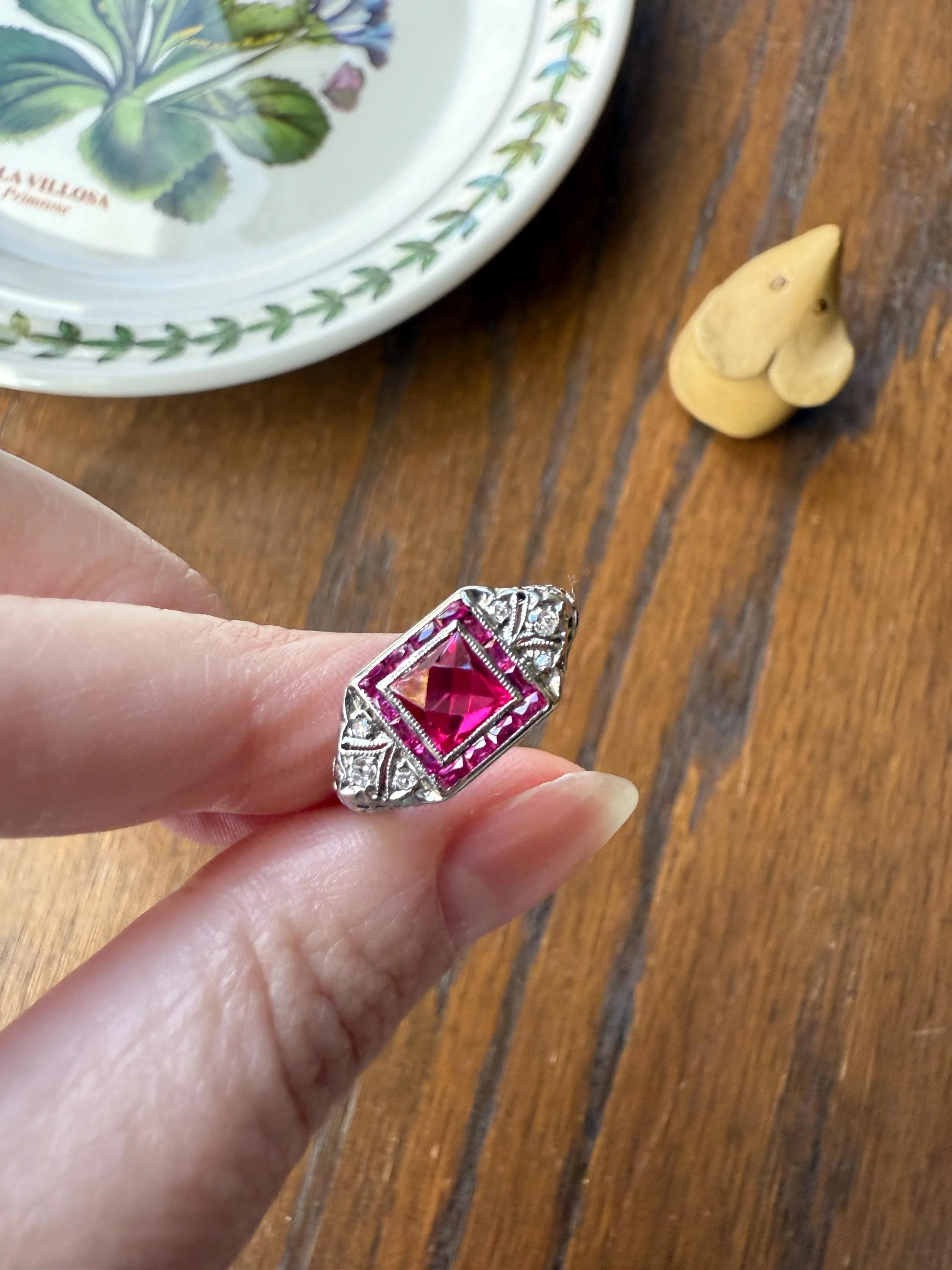 Antique Art Deco French Cut Pink RUBY Old Single Cut Diamond Ornate Filigree Ring Elongated Rectangle Halo 14k White Gold Floral Swirls - Image 9