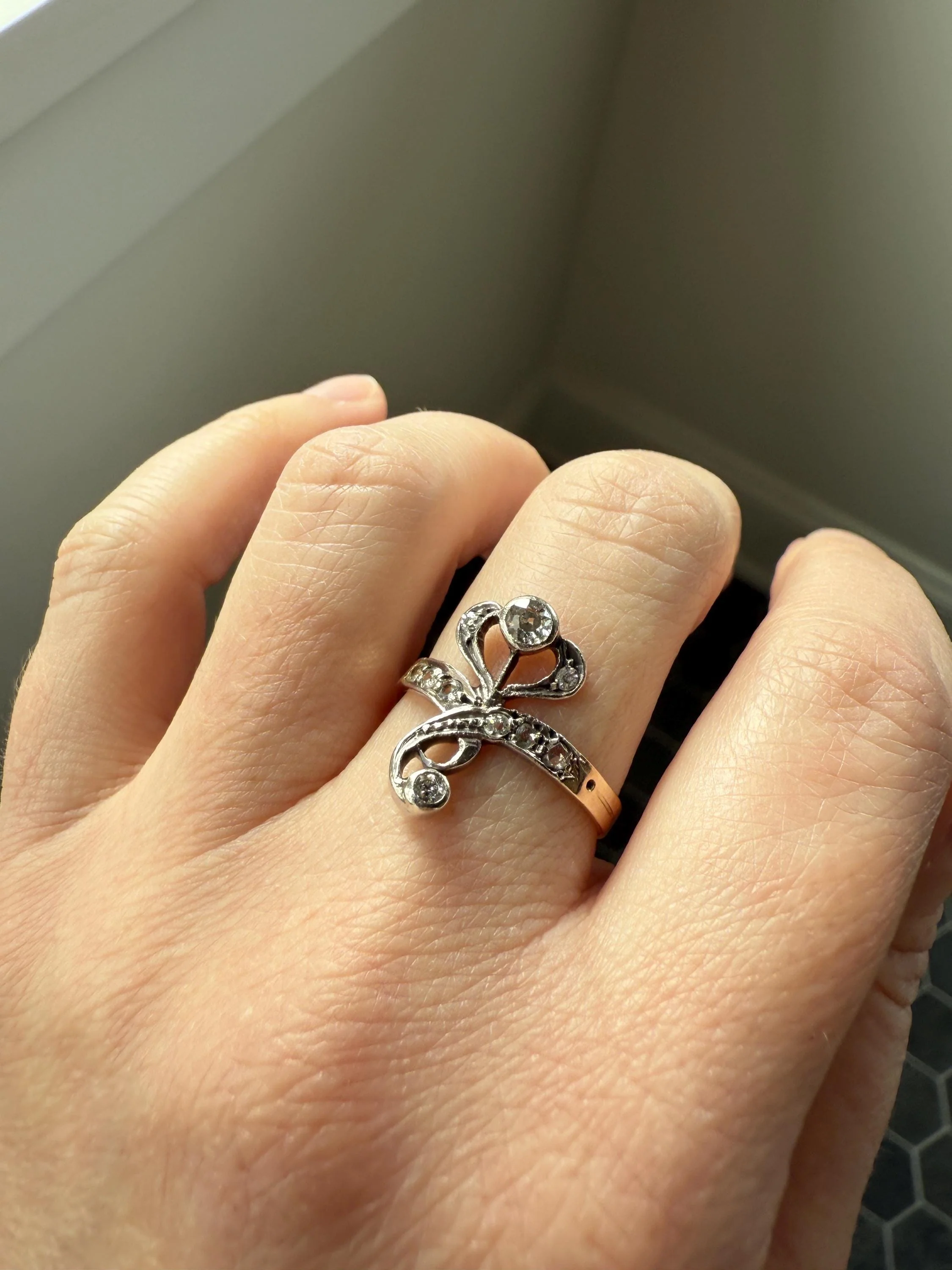 Antique Art Nouveau Jugendstil Old Mine Rose Cut Diamond Whiplash Swirl Stylized Flower Ring 14k Gold Silver Figural Ornate - Image 10
