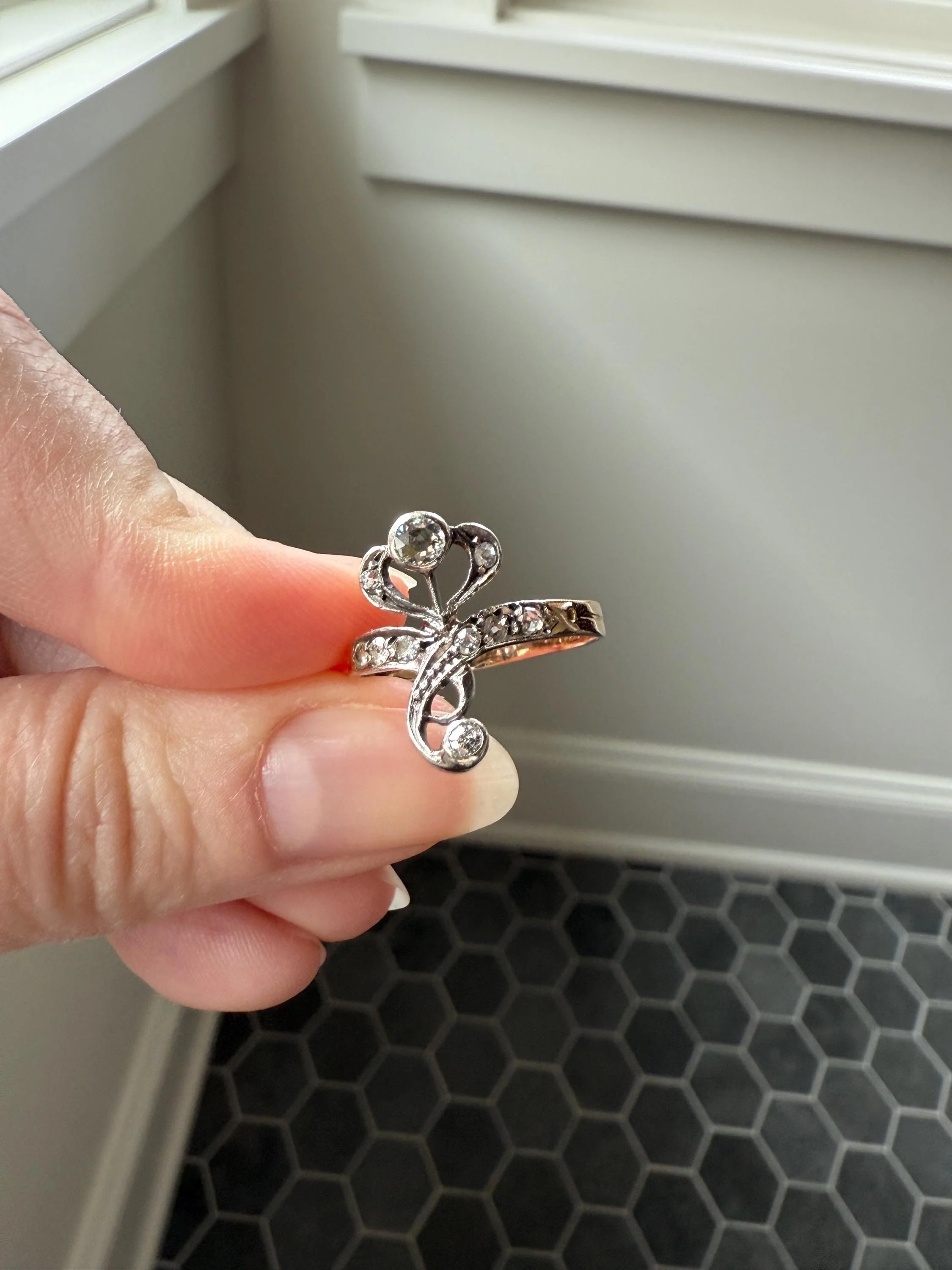 Antique Art Nouveau Jugendstil Old Mine Rose Cut Diamond Whiplash Swirl Stylized Flower Ring 14k Gold Silver Figural Ornate - Image 13