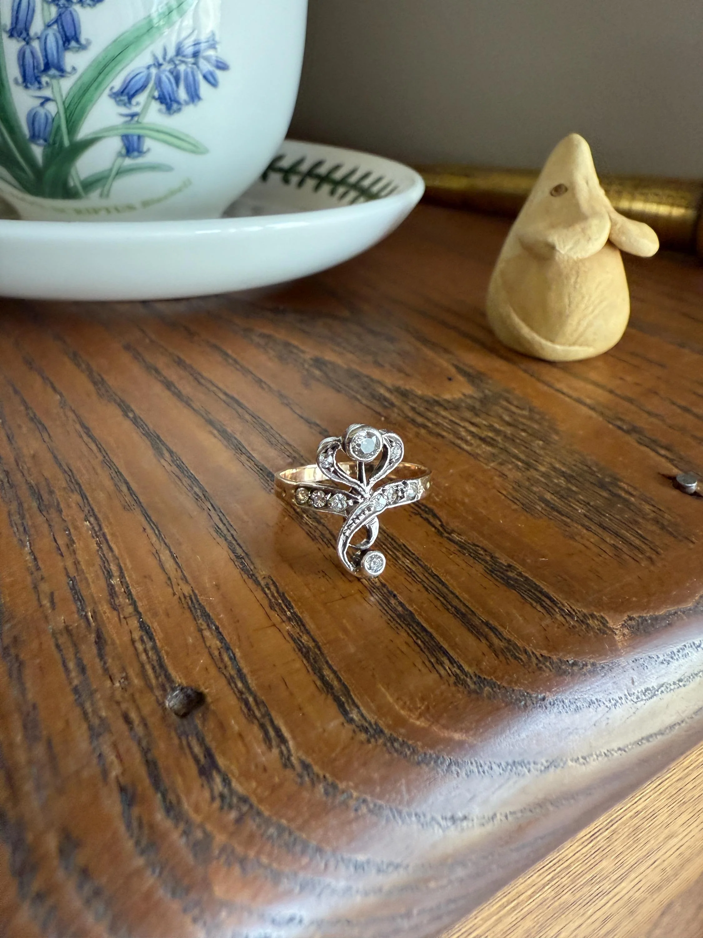 Antique Art Nouveau Jugendstil Old Mine Rose Cut Diamond Whiplash Swirl Stylized Flower Ring 14k Gold Silver Figural Ornate - Image 14