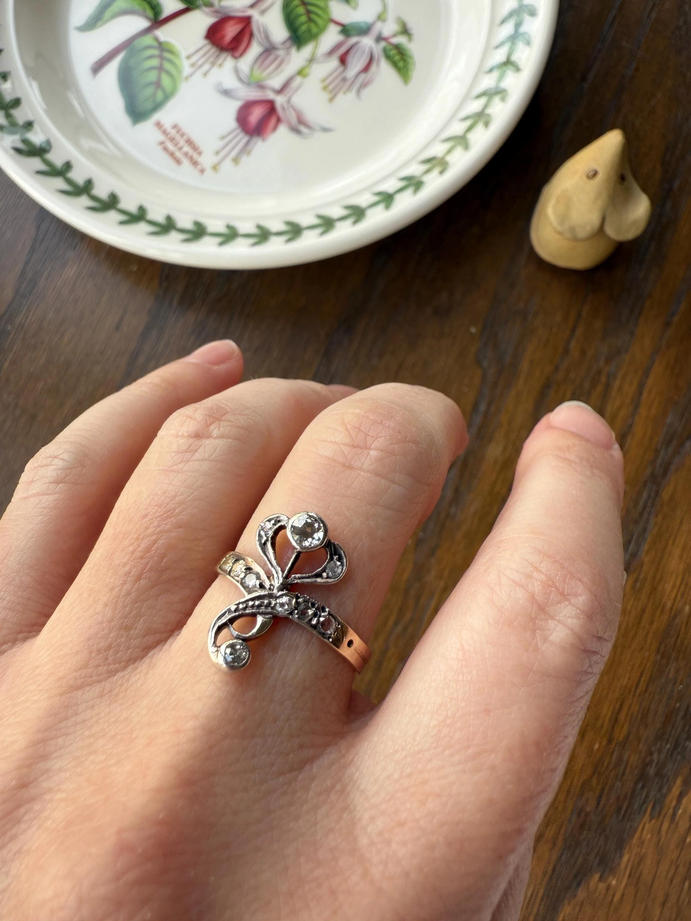 Antique Art Nouveau Jugendstil Old Mine Rose Cut Diamond Whiplash Swirl Stylized Flower Ring 14k Gold Silver Figural Ornate - Image 17