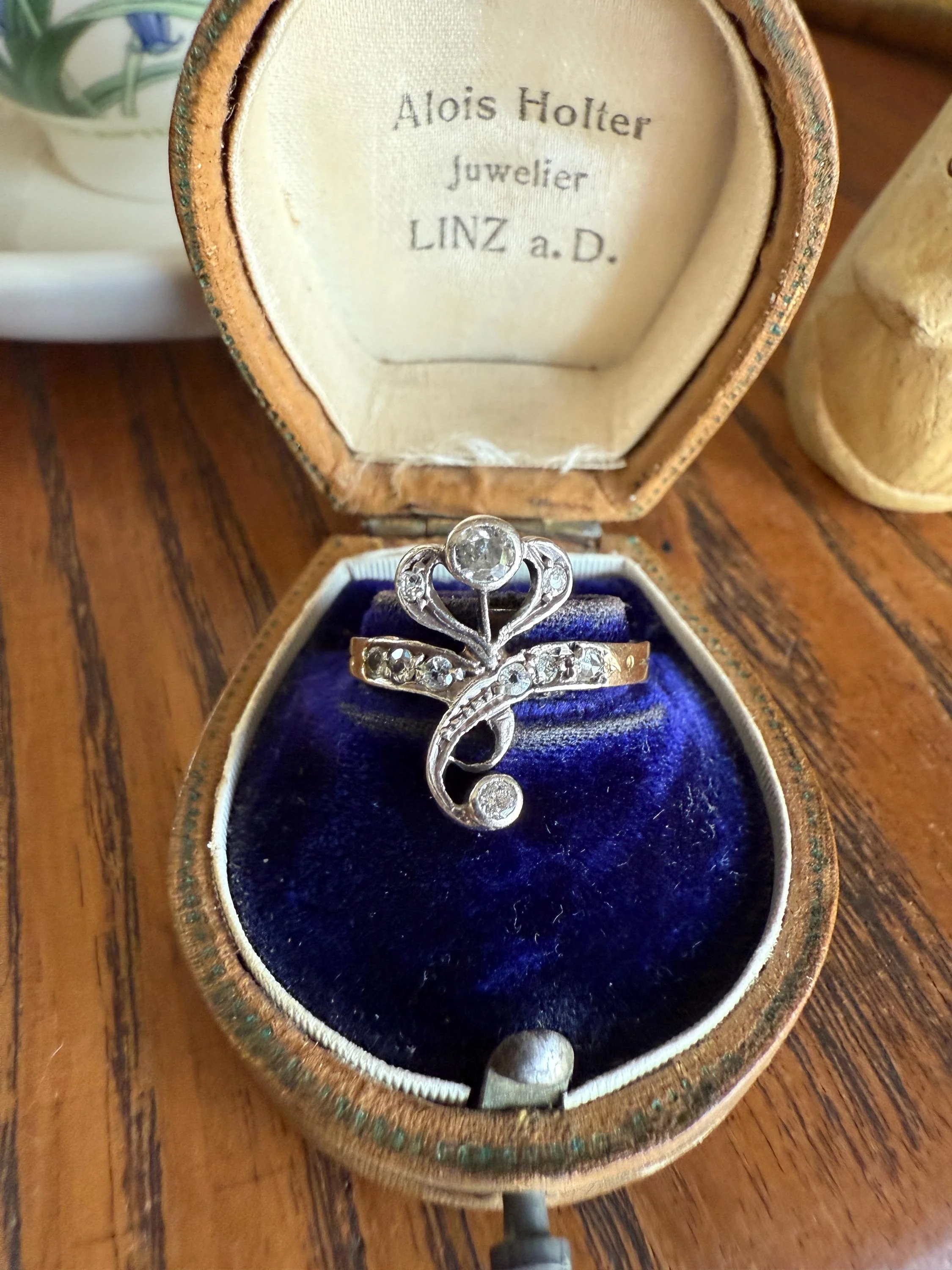 Antique Art Nouveau Jugendstil Old Mine Rose Cut Diamond Whiplash Swirl Stylized Flower Ring 14k Gold Silver Figural Ornate - Image 2