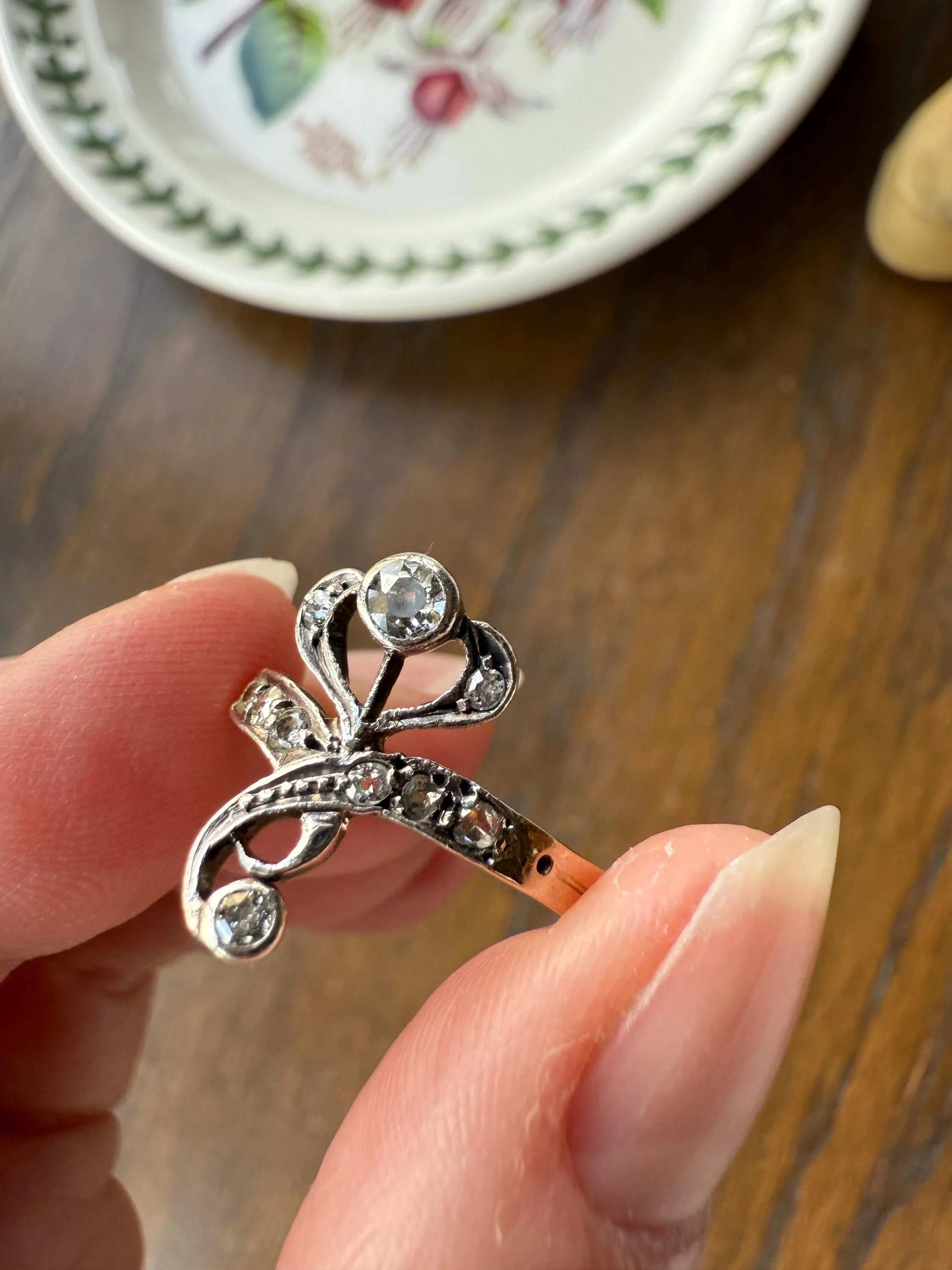 Antique Art Nouveau Jugendstil Old Mine Rose Cut Diamond Whiplash Swirl Stylized Flower Ring 14k Gold Silver Figural Ornate - Image 3
