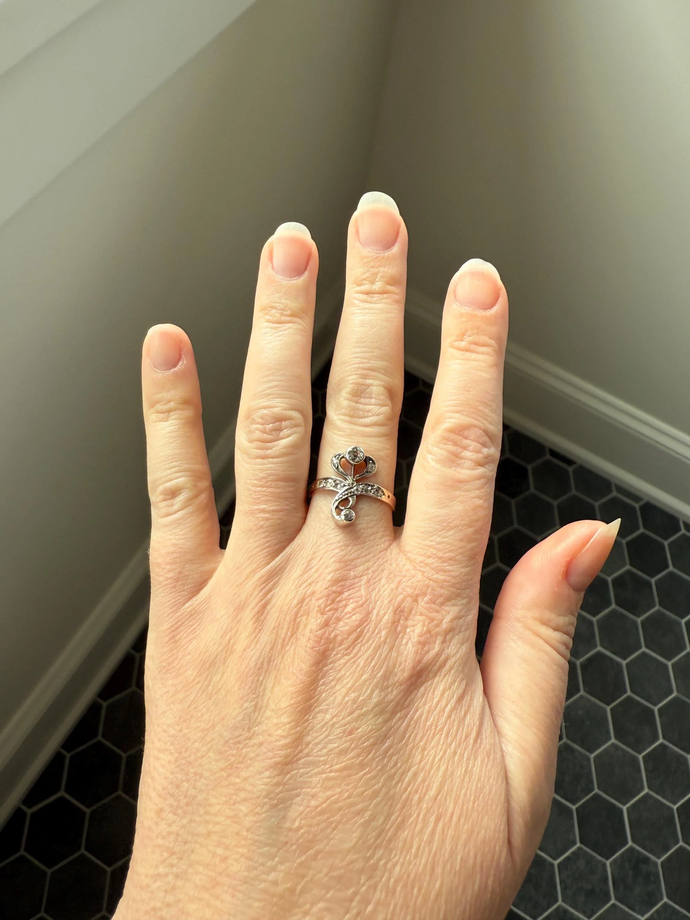 Antique Art Nouveau Jugendstil Old Mine Rose Cut Diamond Whiplash Swirl Stylized Flower Ring 14k Gold Silver Figural Ornate - Image 4