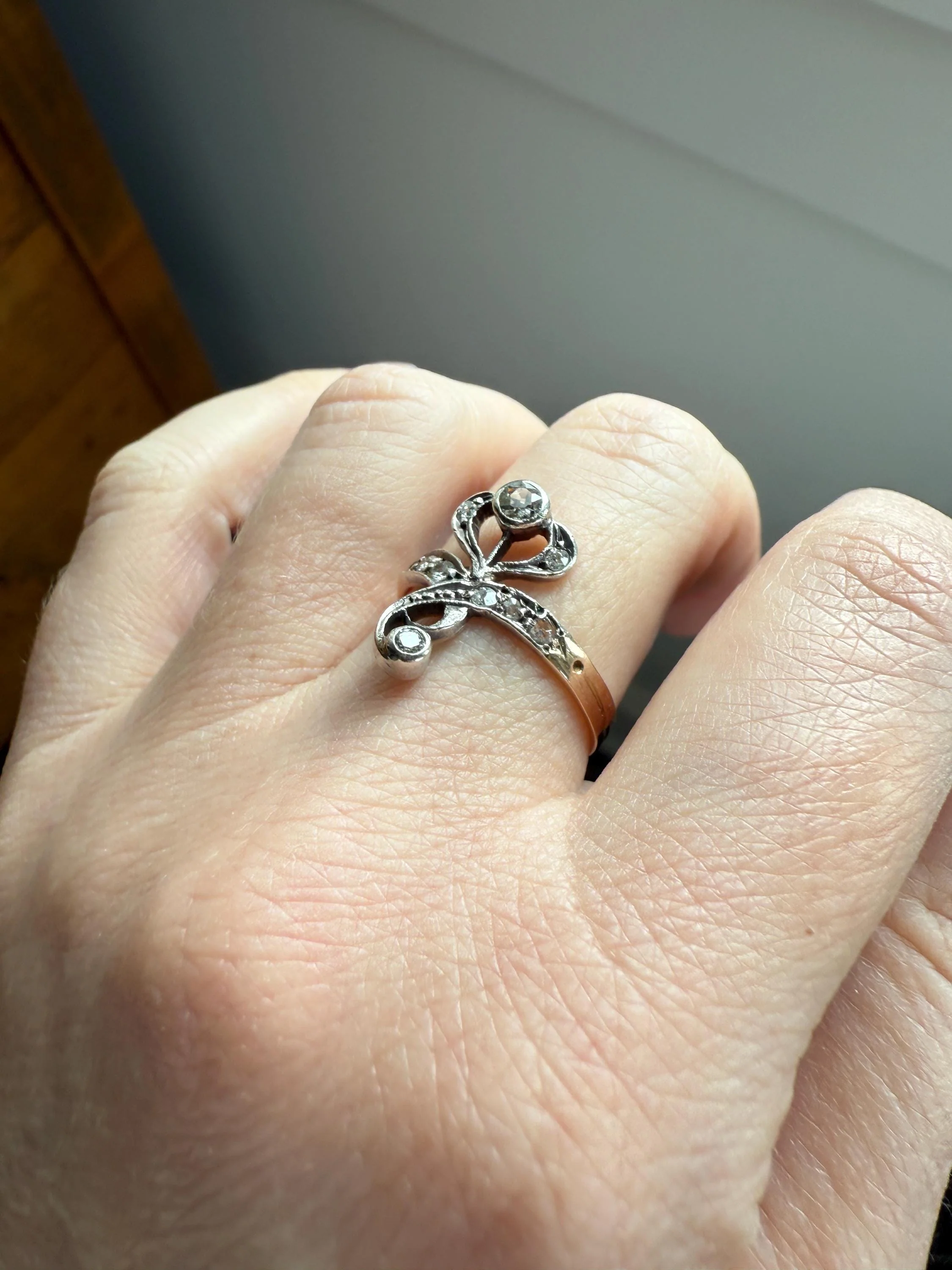 Antique Art Nouveau Jugendstil Old Mine Rose Cut Diamond Whiplash Swirl Stylized Flower Ring 14k Gold Silver Figural Ornate - Image 5