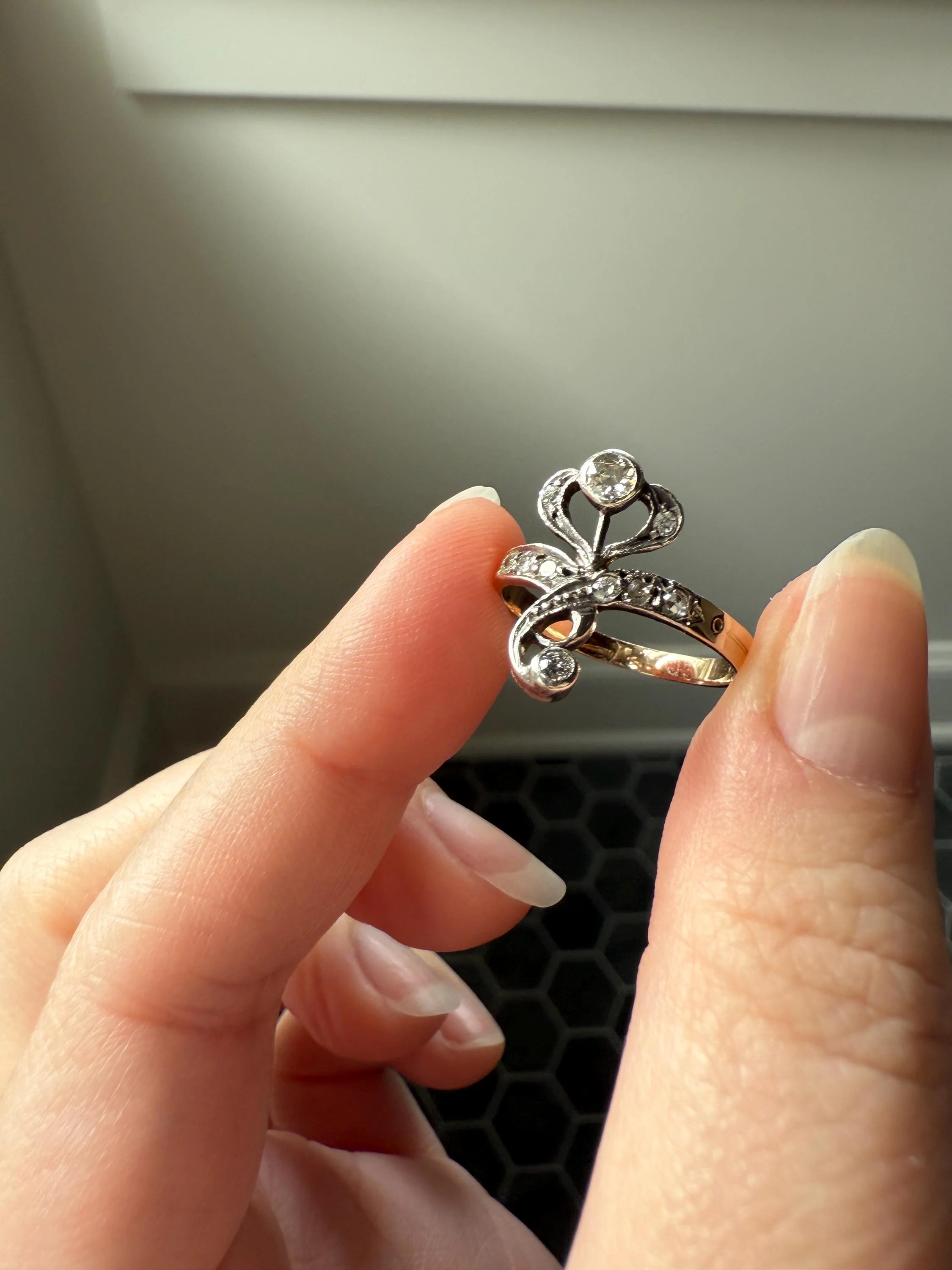 Antique Art Nouveau Jugendstil Old Mine Rose Cut Diamond Whiplash Swirl Stylized Flower Ring 14k Gold Silver Figural Ornate - Image 6